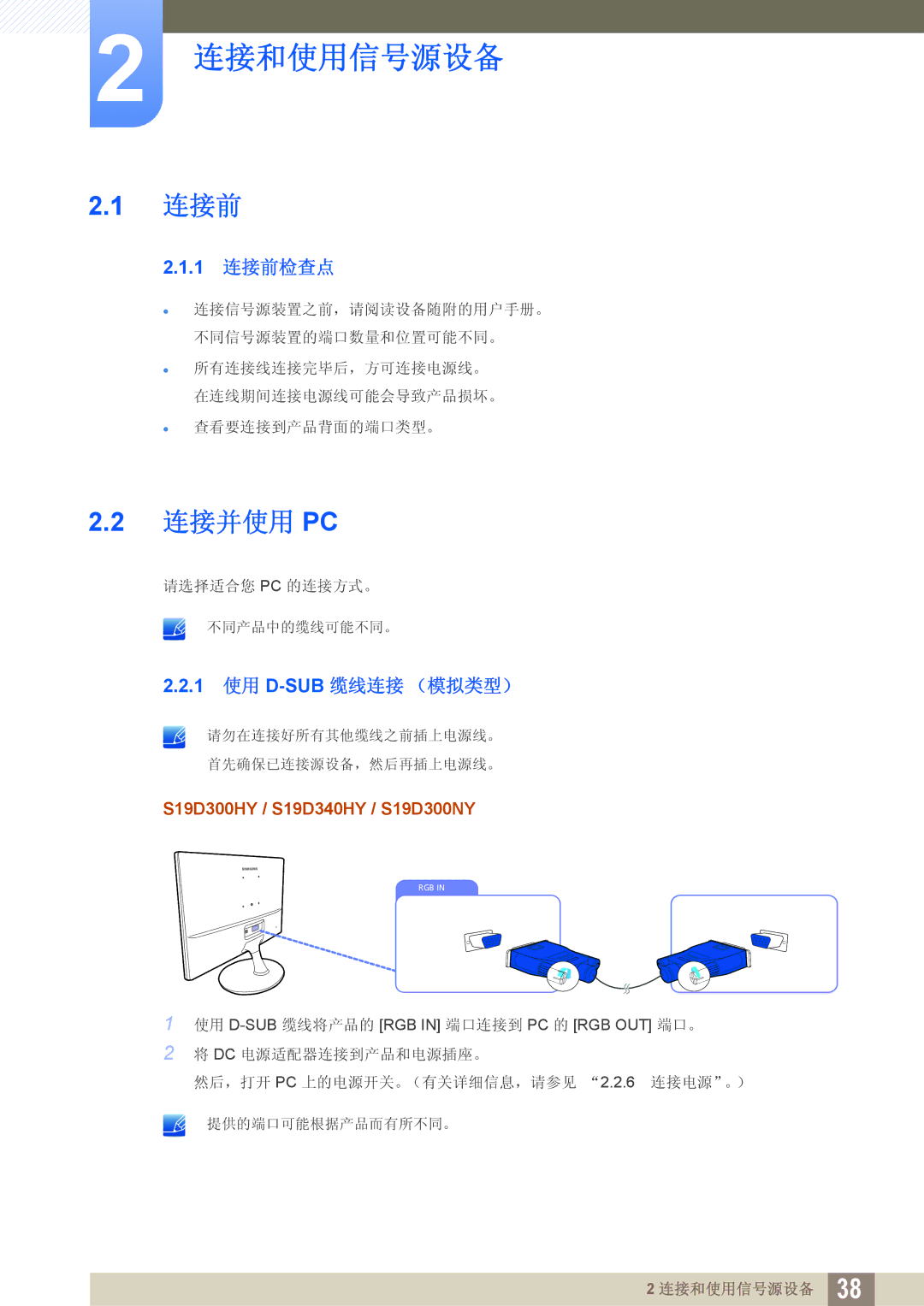 Samsung LS22D300HY/EN, LS24D340HSX/EN, LS24D300HS/EN, LS24D300HL/EN, LS22D300NY/EN manual 连接前, 连接并使用 Pc, 1 使用 D-SUB缆线连接 （模拟类型） 