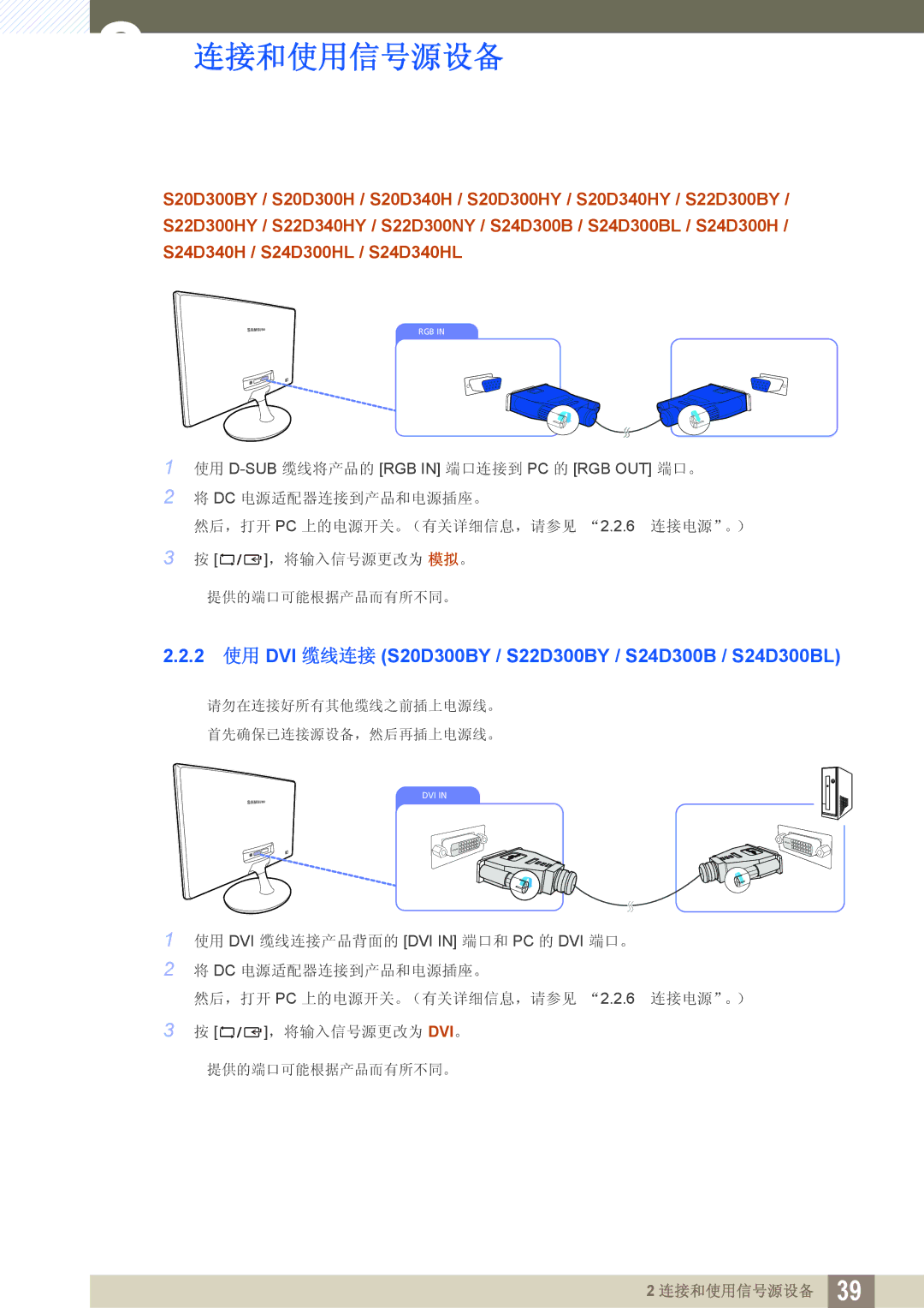 Samsung LS22D300NY/EN, LS24D340HSX/EN, LS24D300HS/EN manual 2 使用 DVI 缆线连接 S20D300BY / S22D300BY / S24D300B / S24D300BL 