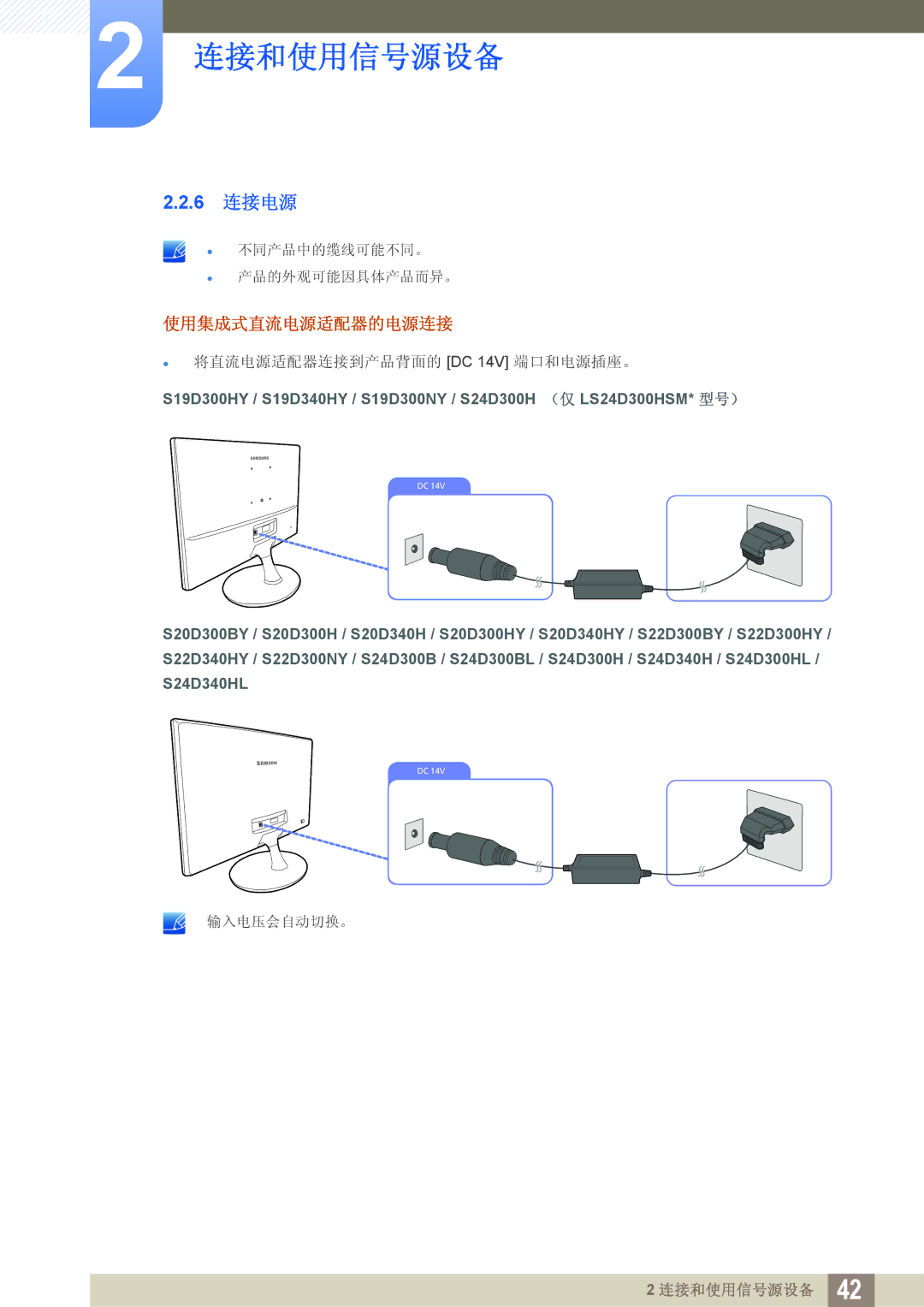 Samsung LS24D340HSX/EN, LS24D300HS/EN, LS24D300HL/EN, LS22D300HY/EN, LS22D300NY/EN, LS19D300NY/EN 6 连接电源, 使用集成式直流电源适配器的电源连接 