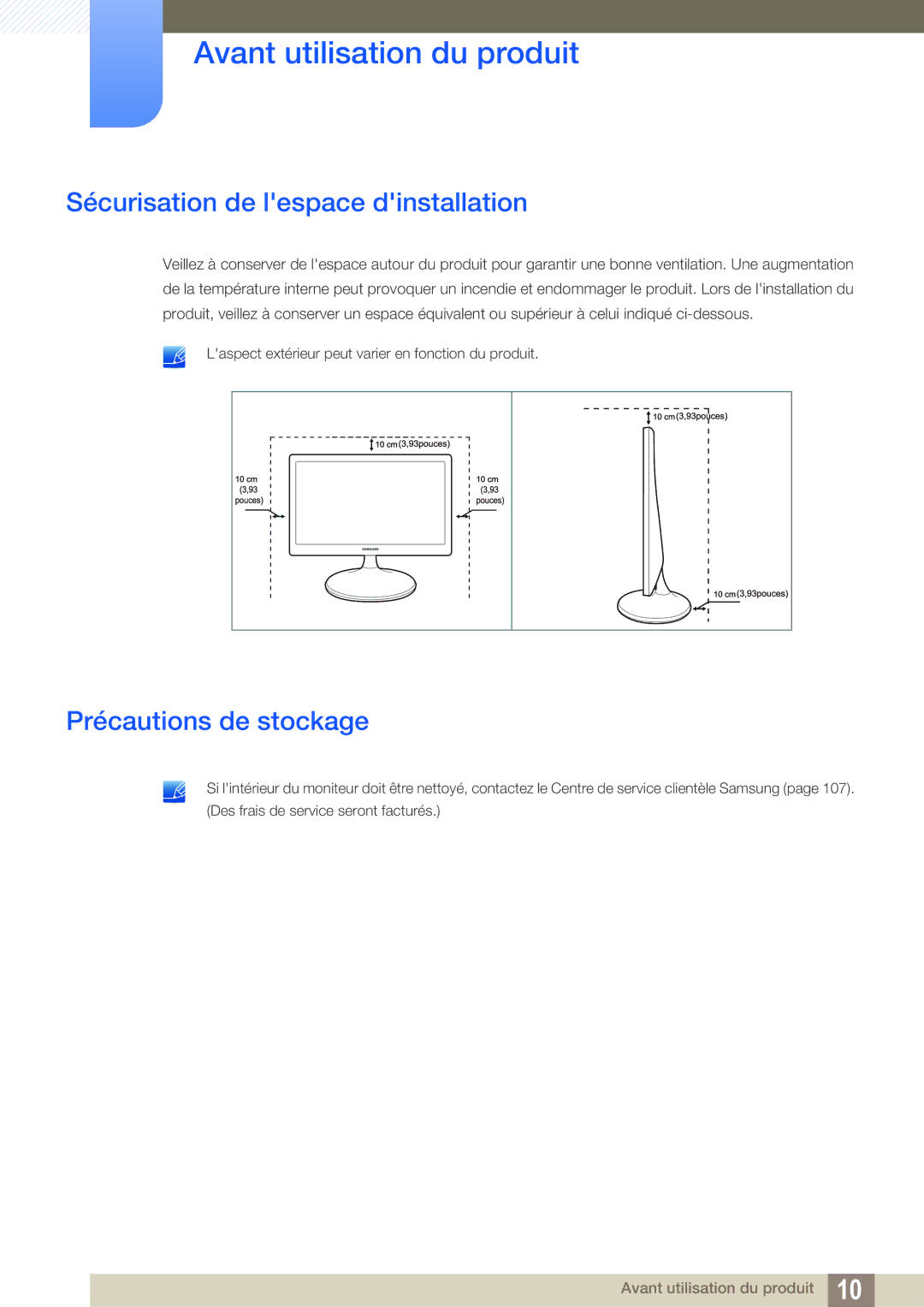 Samsung LS22D300NY/EN, LS24D340HSX/EN, LS24D300HS/EN manual Sécurisation de lespace dinstallation, Précautions de stockage 