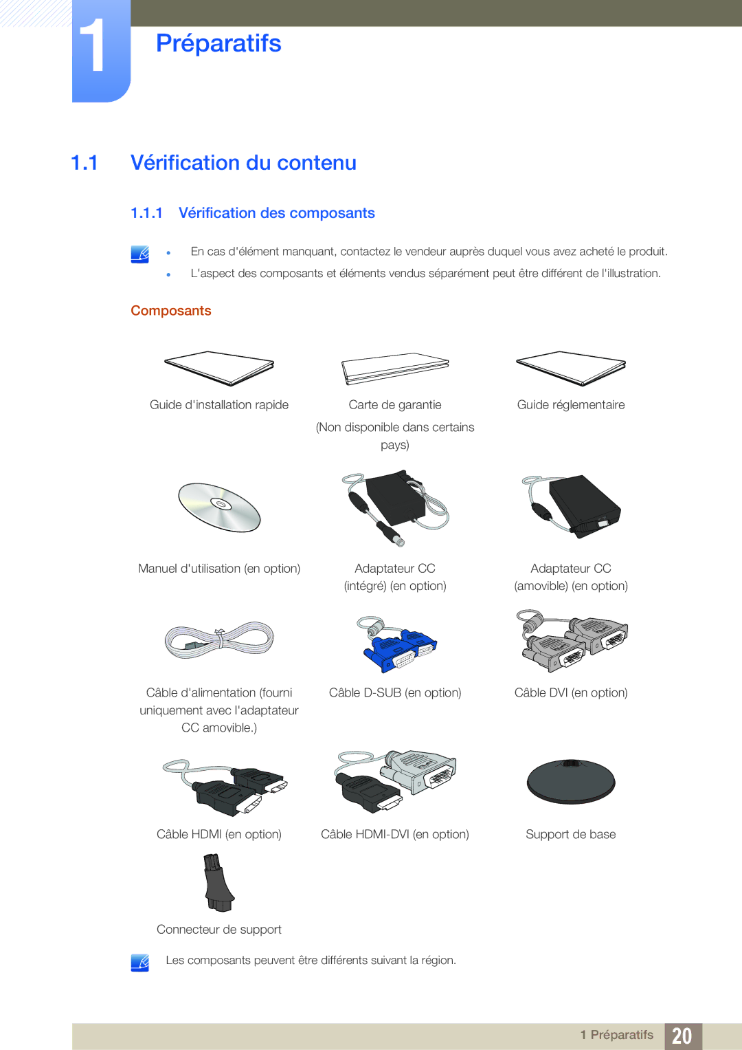 Samsung LS24D300HL/EN, LS24D340HSX/EN manual Préparatifs, Vérification du contenu, 1 Vérification des composants, Composants 