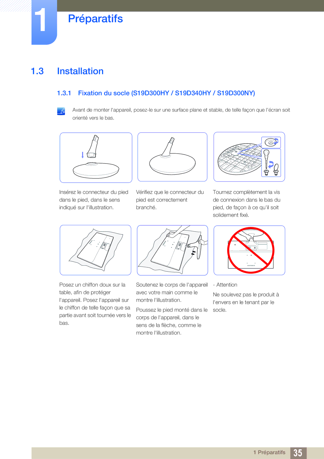 Samsung LS19D300NY/EN, LS24D340HSX/EN, LS24D300HS/EN manual Installation, Fixation du socle S19D300HY / S19D340HY / S19D300NY 