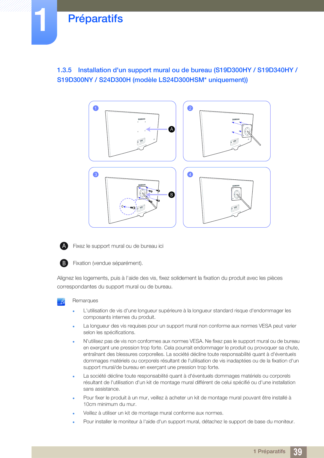 Samsung LS22D300HY/EN, LS24D340HSX/EN, LS24D300HS/EN, LS24D300HL/EN, LS22D300NY/EN, LS19D300NY/EN manual Préparatifs 