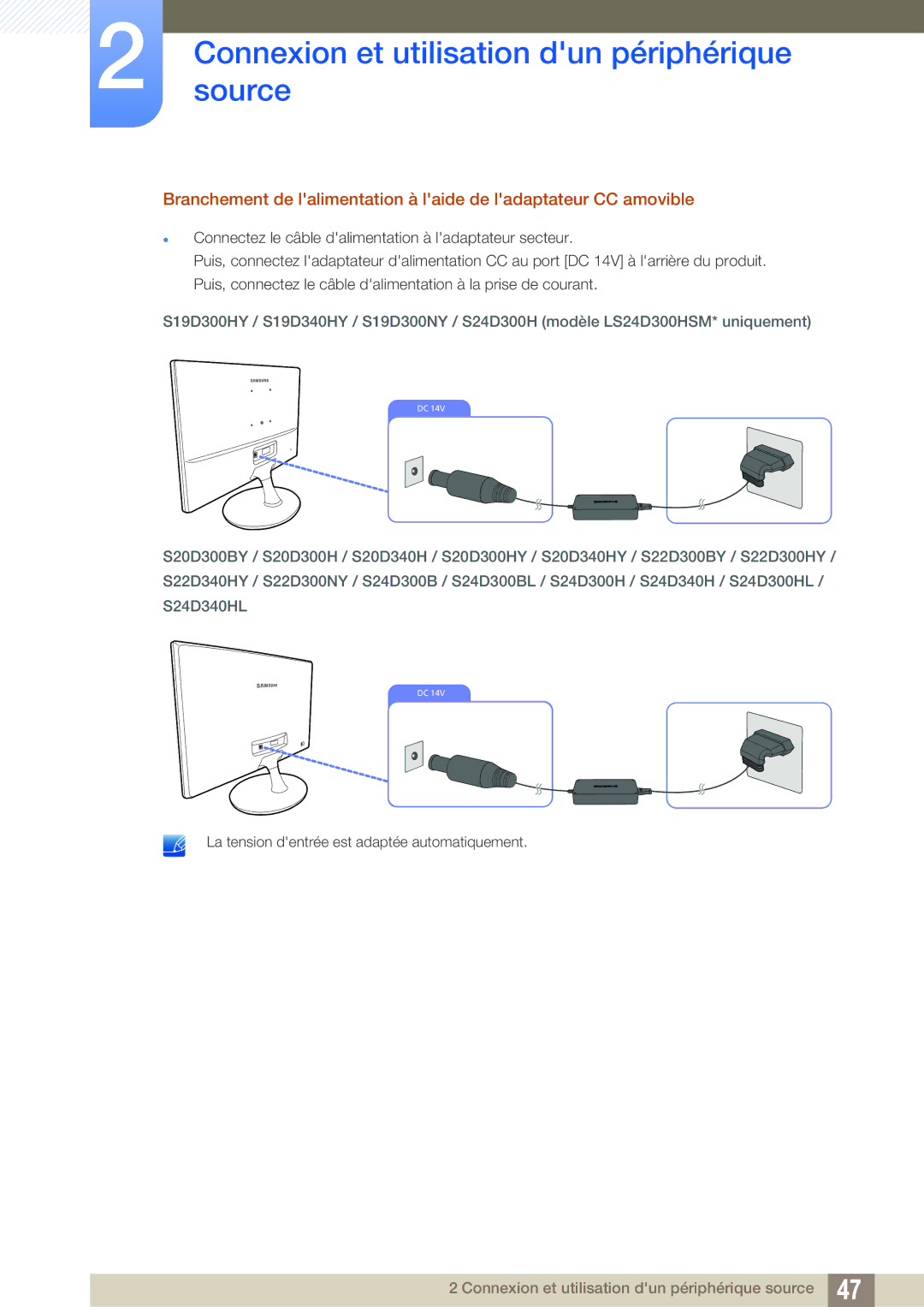 Samsung LS19D300NY/EN, LS24D340HSX/EN, LS24D300HS/EN, LS24D300HL/EN manual Connexionsource et utilisation dun périphérique 