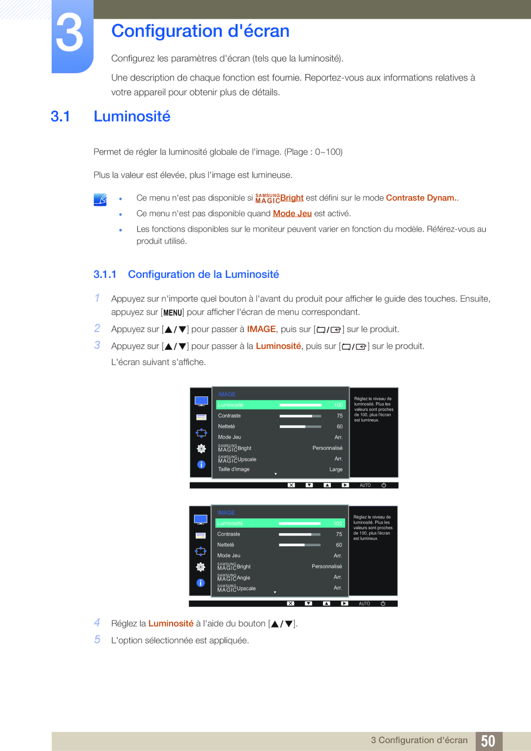 Samsung LS24D300HL/EN, LS24D340HSX/EN, LS24D300HS/EN, LS22D300HY/EN Configuration décran, Configuration de la Luminosité 