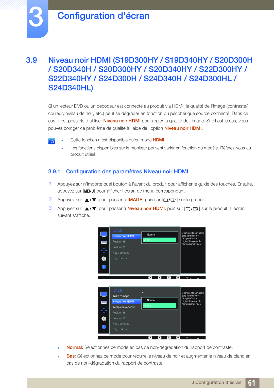 Samsung LS24D300HS/EN, LS24D340HSX/EN, LS24D300HL/EN manual Configuration des paramètres Niveau noir Hdmi, Normal Bas 