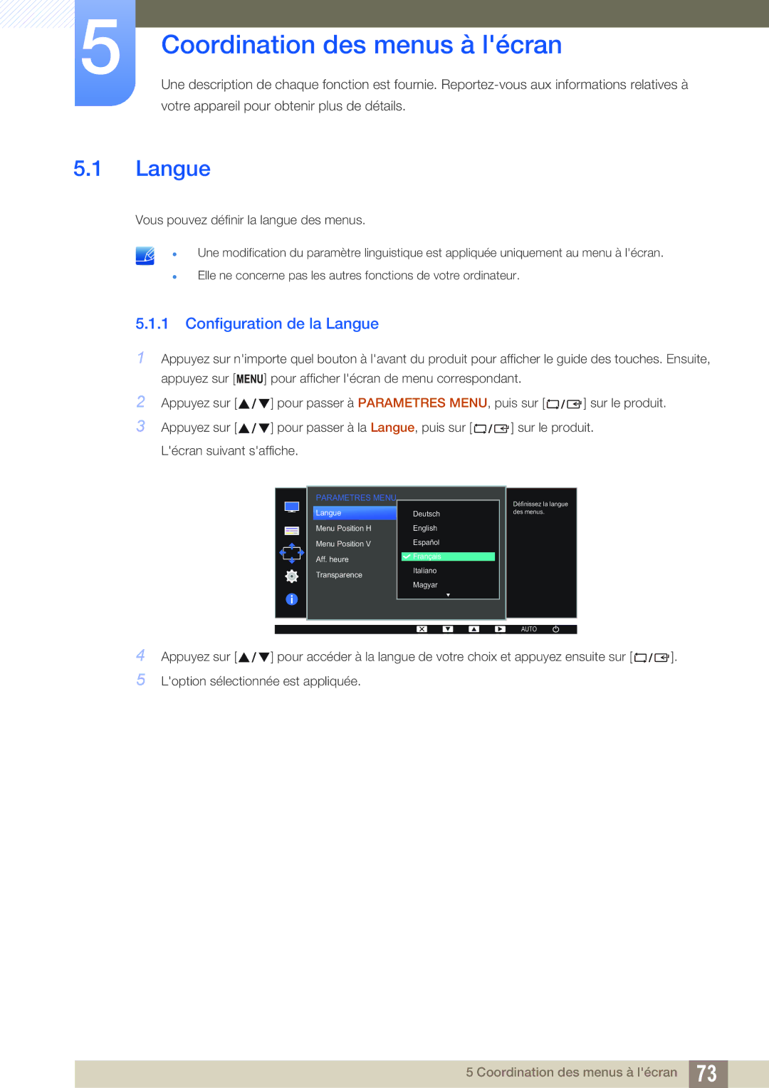 Samsung LS24D300HS/EN, LS24D340HSX/EN, LS24D300HL/EN manual Coordination des menus à lécran, Configuration de la Langue 