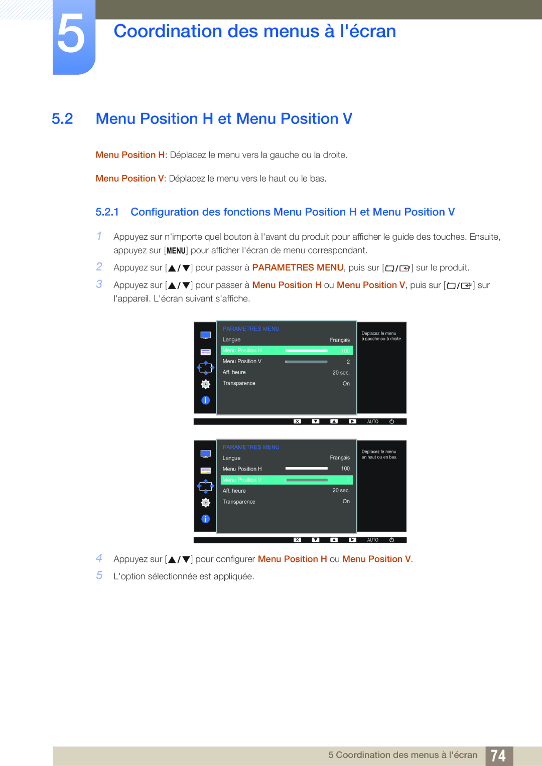 Samsung LS24D300HL/EN, LS24D340HSX/EN, LS24D300HS/EN manual Configuration des fonctions Menu Position H et Menu Position 