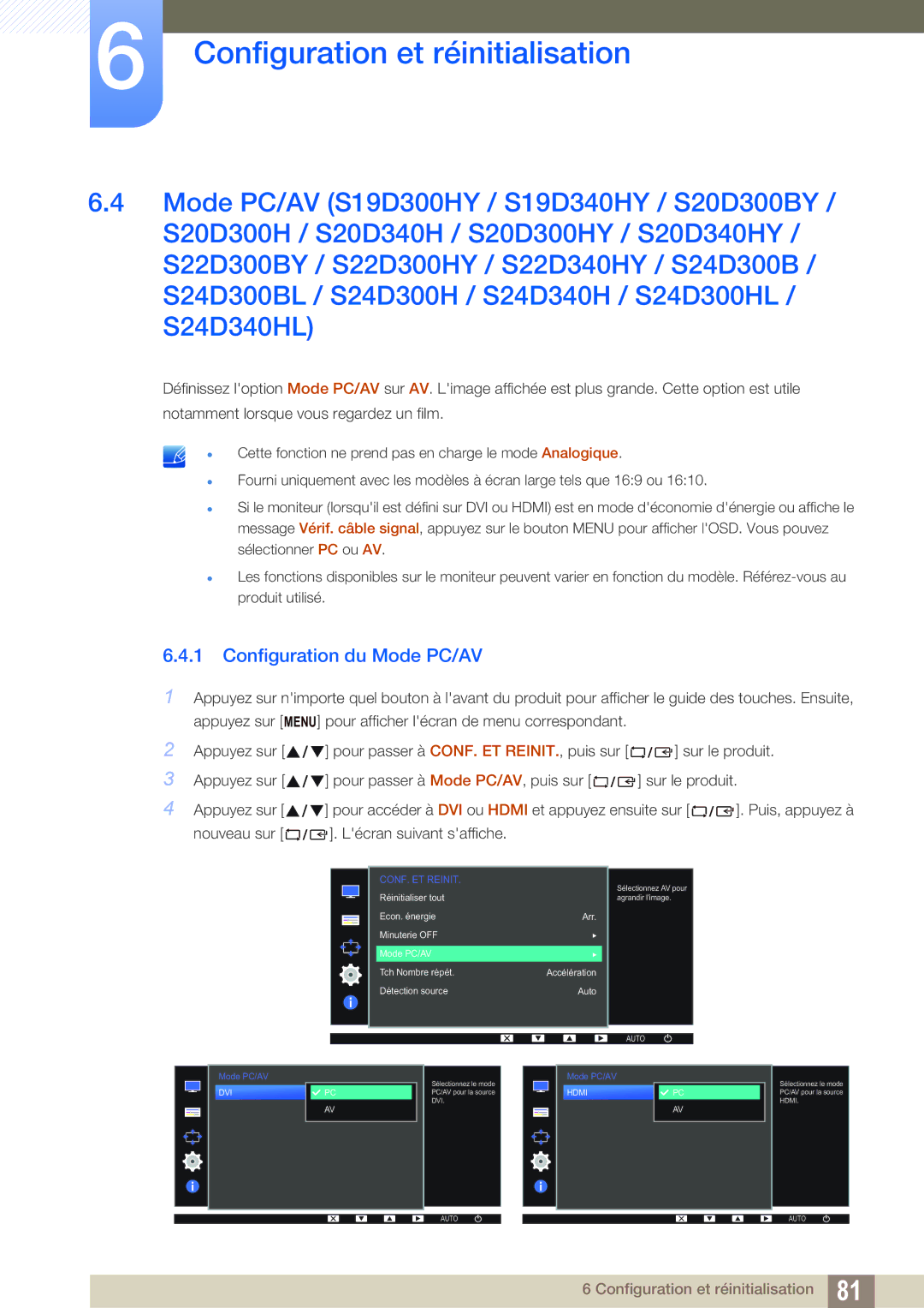 Samsung LS22D300HY/EN, LS24D340HSX/EN, LS24D300HS/EN manual Configuration du Mode PC/AV, Nouveau sur Lécran suivant saffiche 