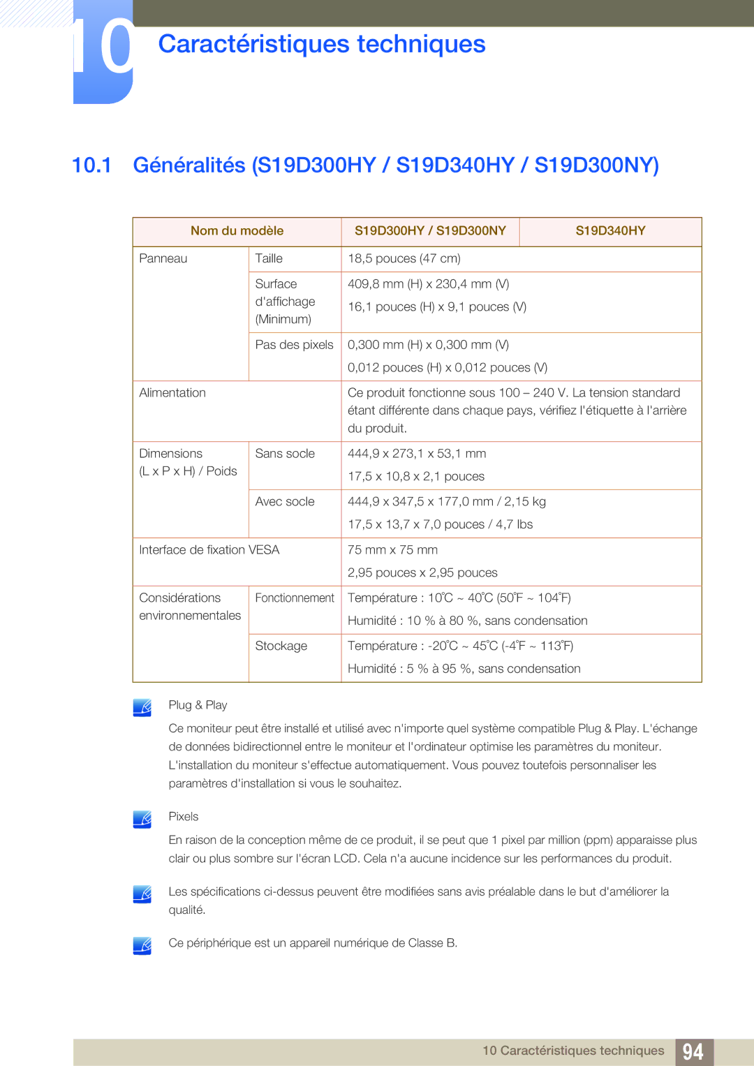 Samsung LS22D300NY/EN, LS24D340HSX/EN manual Caractéristiques techniques, 10.1 Généralités S19D300HY / S19D340HY / S19D300NY 