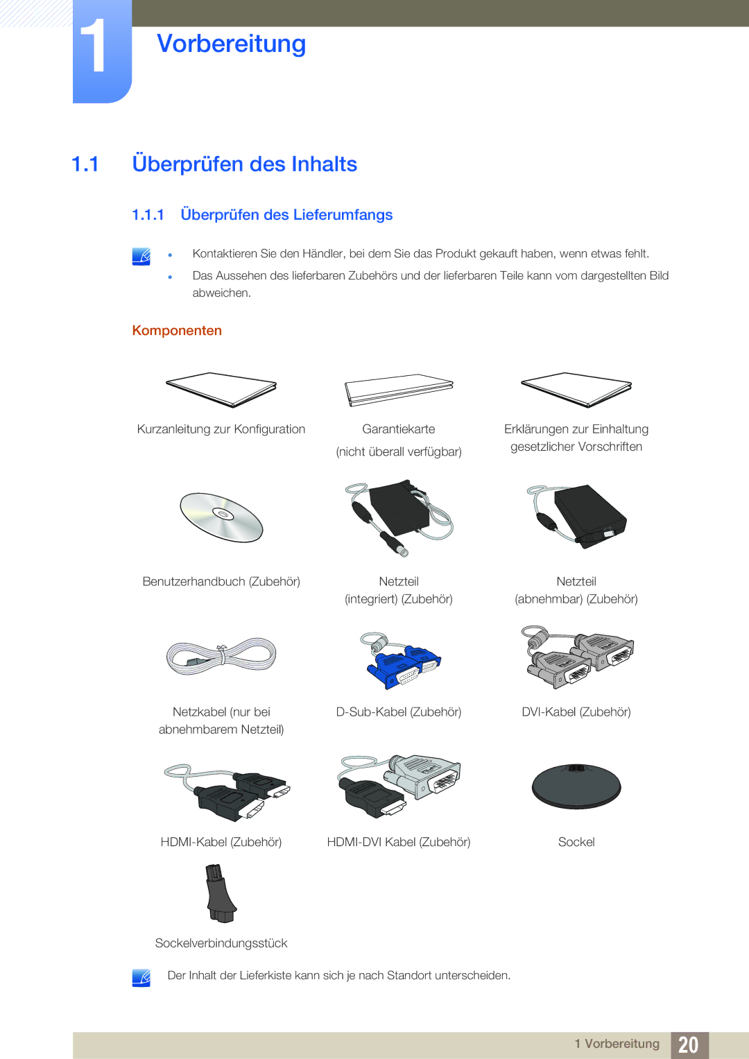 Samsung LS24D300HL/EN, LS24D340HSX/EN Vorbereitung, Überprüfen des Inhalts, 1 Überprüfen des Lieferumfangs, Komponenten 