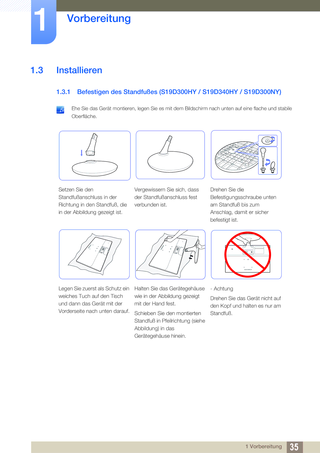 Samsung LS19D300NY/EN, LS24D340HSX/EN manual Installieren, Befestigen des Standfußes S19D300HY / S19D340HY / S19D300NY 