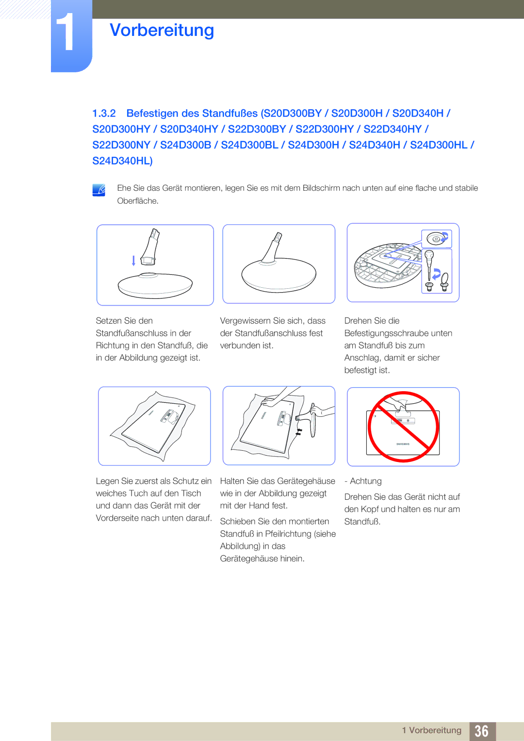 Samsung LS24D340HSX/EN, LS24D300HS/EN, LS24D300HL/EN, LS22D300HY/EN, LS22D300NY/EN, LS19D300NY/EN manual Vorbereitung 