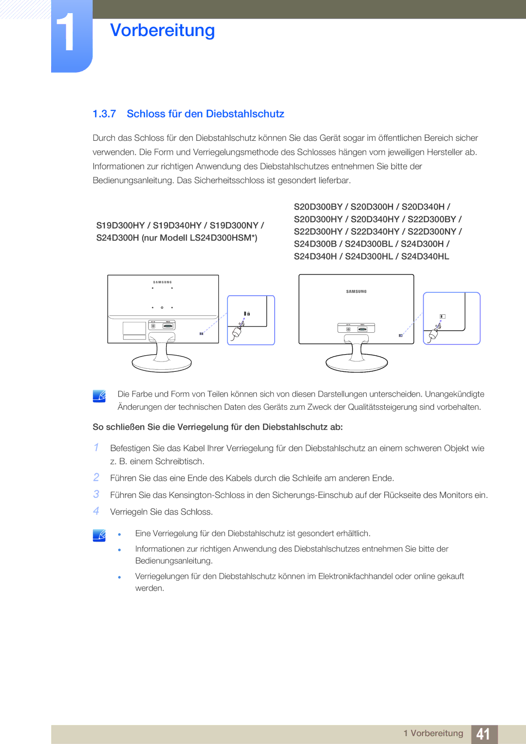 Samsung LS19D300NY/EN, LS24D340HSX/EN, LS24D300HS/EN, LS24D300HL/EN, LS22D300HY/EN manual Schloss für den Diebstahlschutz 