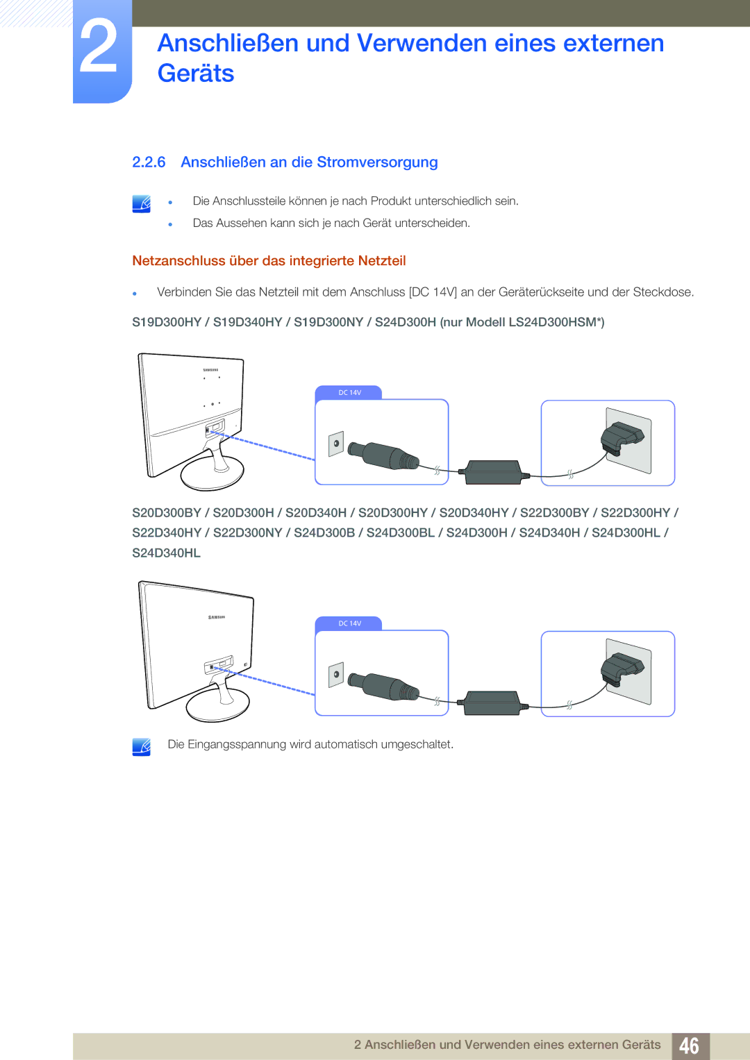 Samsung LS22D300NY/EN, LS24D340HSX/EN manual Anschließen an die Stromversorgung, Netzanschluss über das integrierte Netzteil 