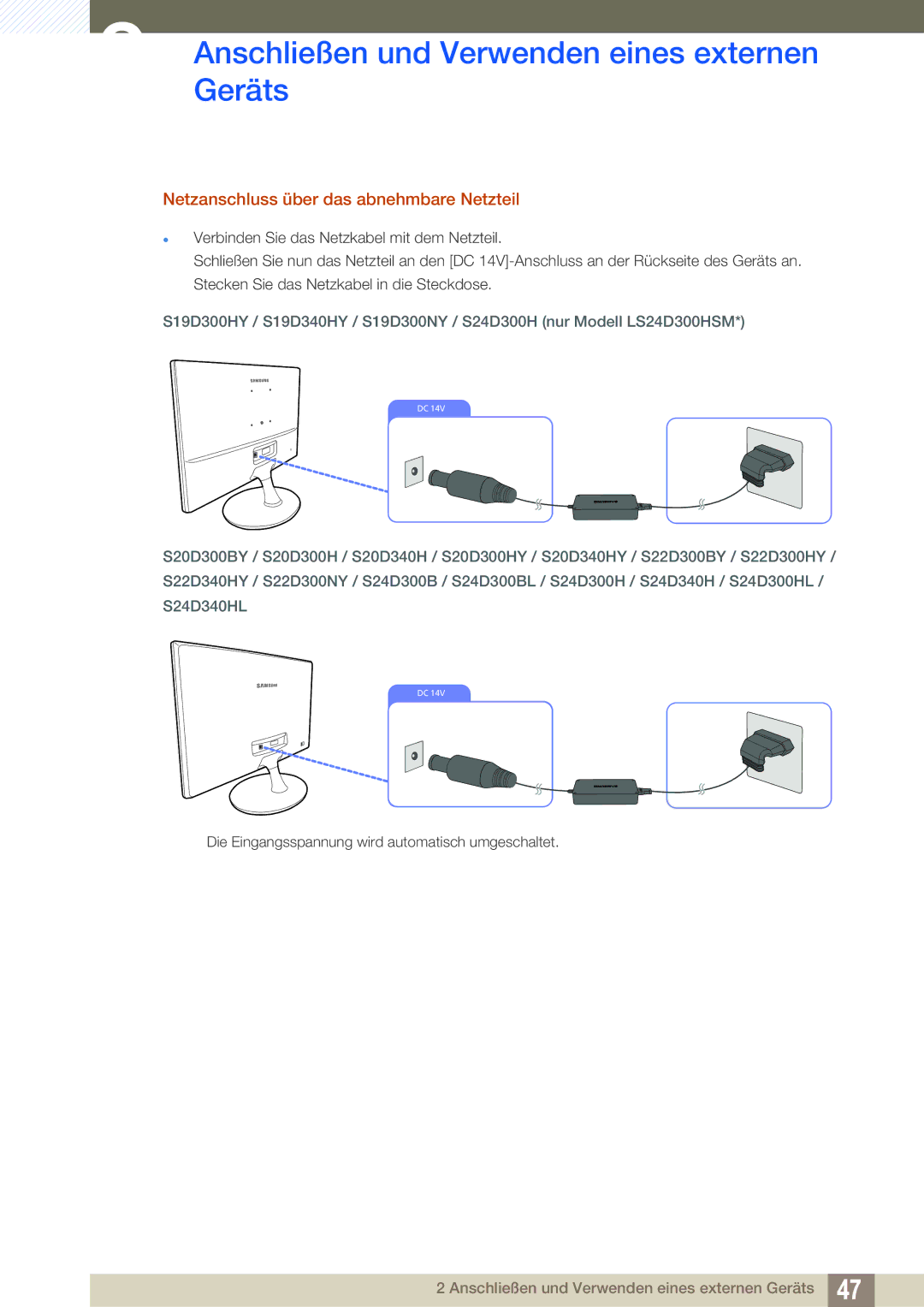 Samsung LS19D300NY/EN, LS24D340HSX/EN, LS24D300HS/EN, LS24D300HL/EN, LS22D300HY/EN Netzanschluss über das abnehmbare Netzteil 