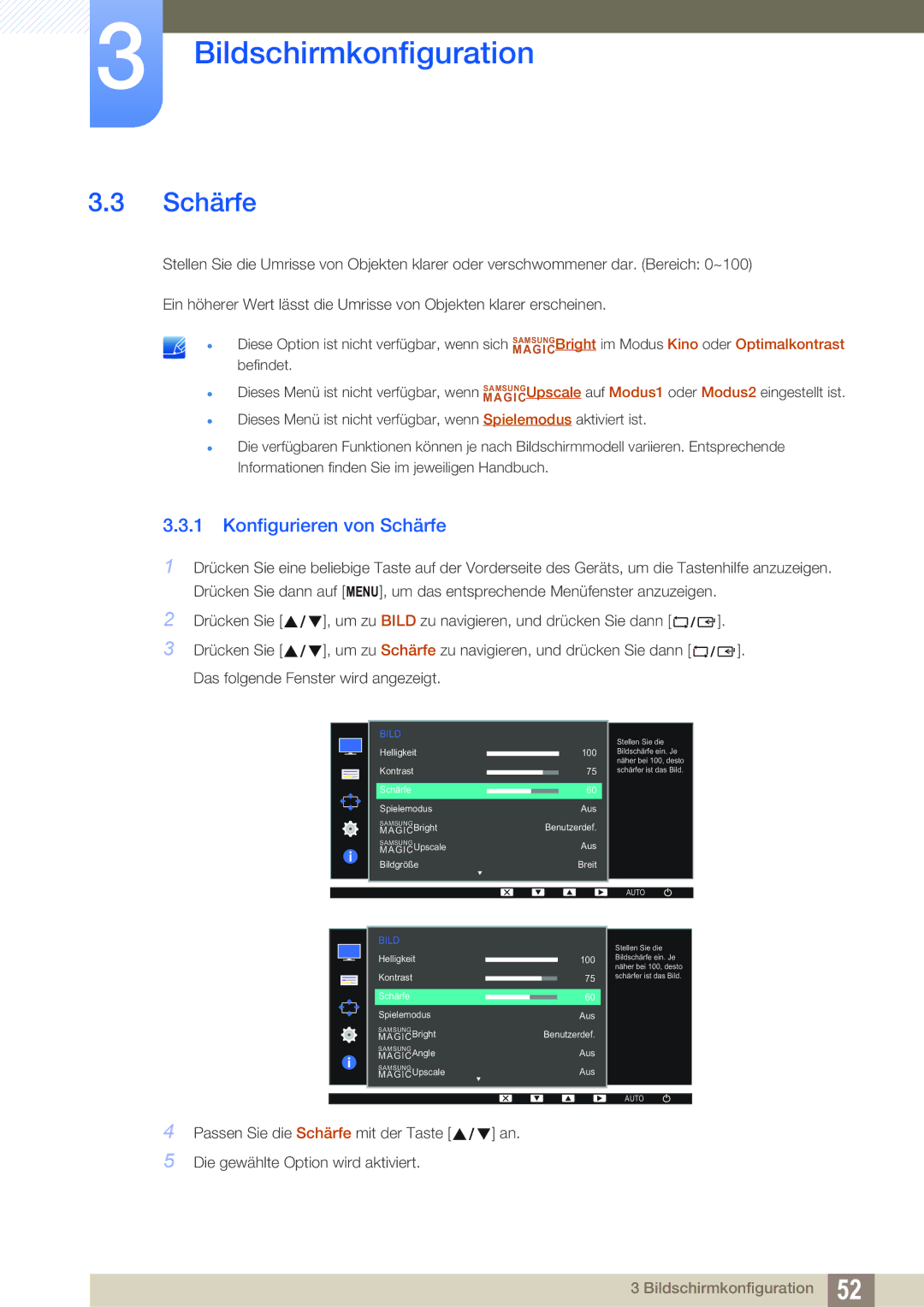 Samsung LS22D300NY/EN, LS24D340HSX/EN, LS24D300HS/EN, LS24D300HL/EN, LS22D300HY/EN manual Konfigurieren von Schärfe 