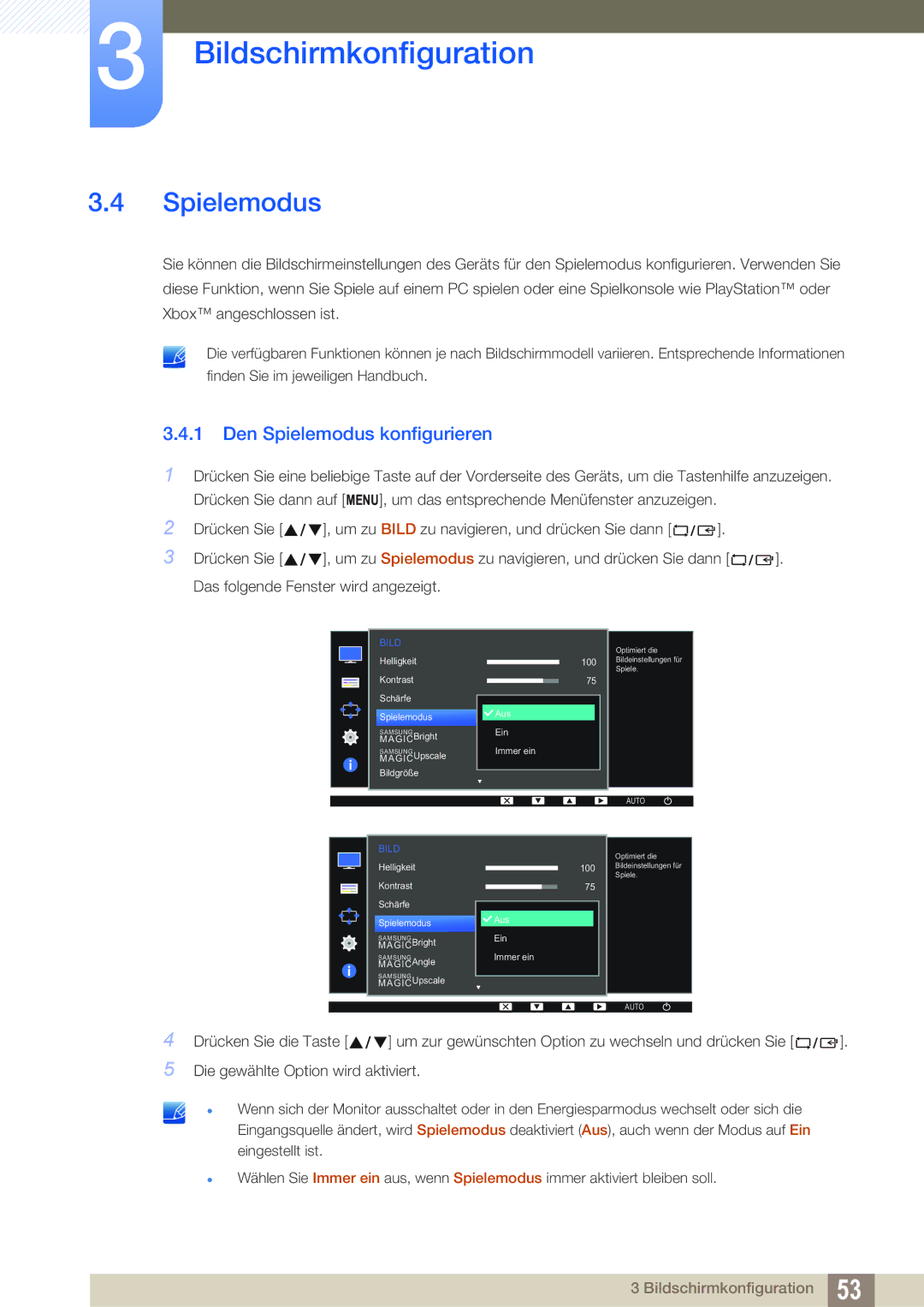 Samsung LS19D300NY/EN, LS24D340HSX/EN, LS24D300HS/EN, LS24D300HL/EN, LS22D300HY/EN manual Den Spielemodus konfigurieren 