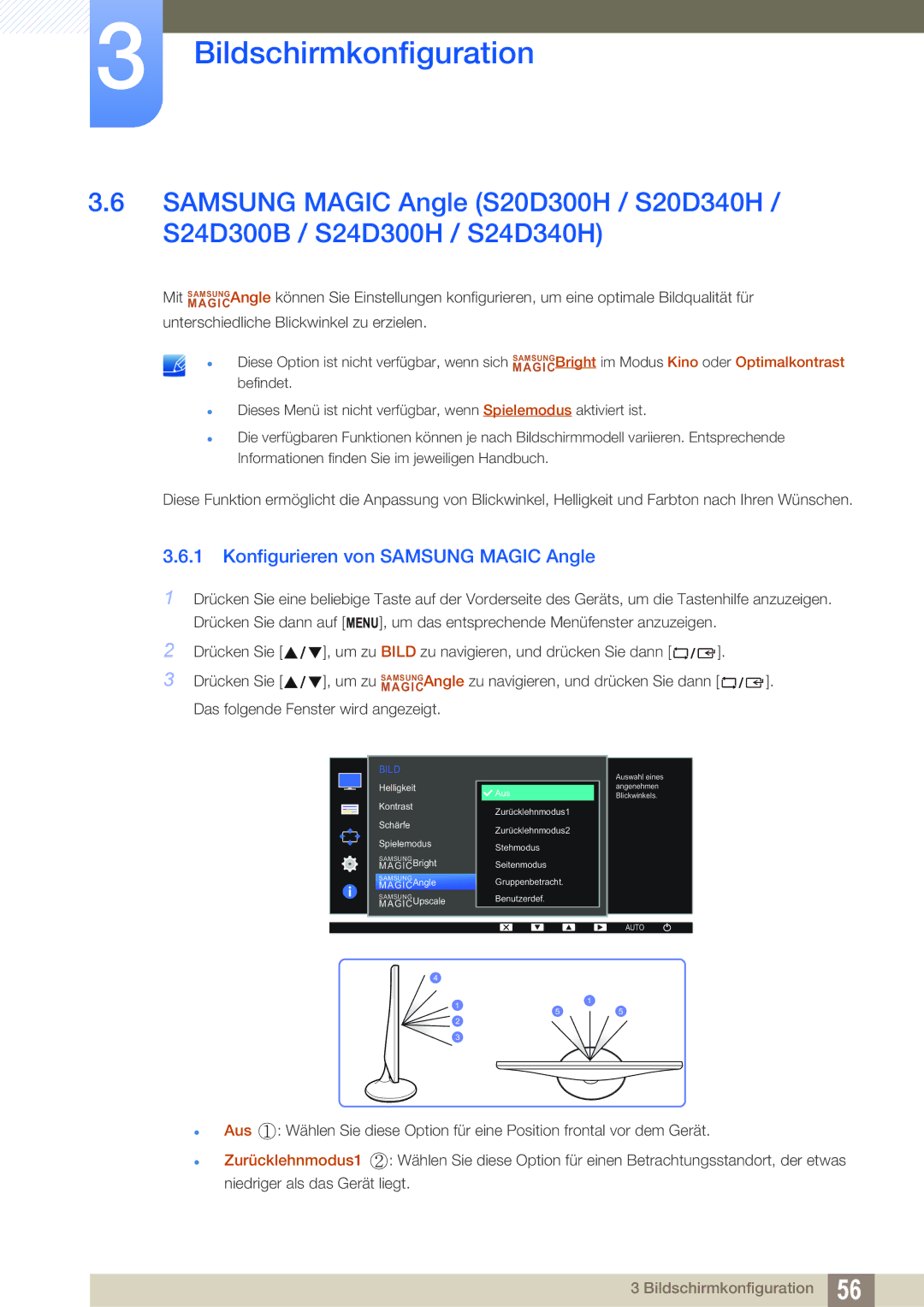 Samsung LS24D300HL/EN, LS24D340HSX/EN manual Konfigurieren von Samsung Magic Angle, Aus Zurücklehnmodus1 Zurücklehnmodus2 