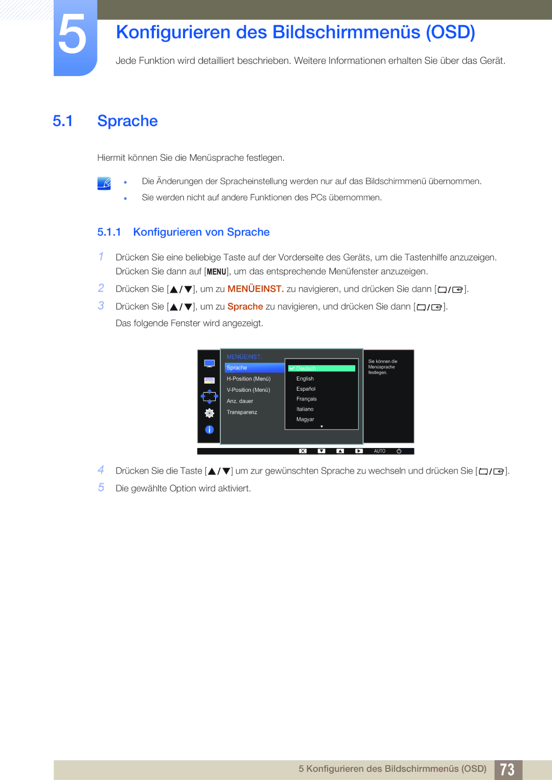 Samsung LS24D300HS/EN, LS24D340HSX/EN, LS24D300HL/EN Konfigurieren des Bildschirmmenüs OSD, Konfigurieren von Sprache 