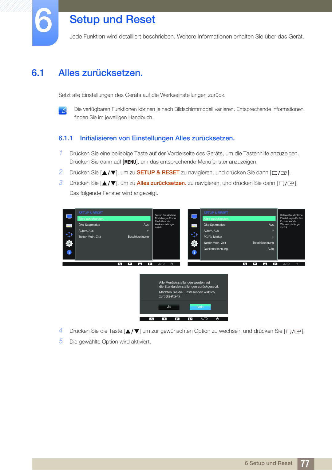 Samsung LS19D300NY/EN, LS24D340HSX/EN manual Setup und Reset, Initialisieren von Einstellungen Alles zurücksetzen 