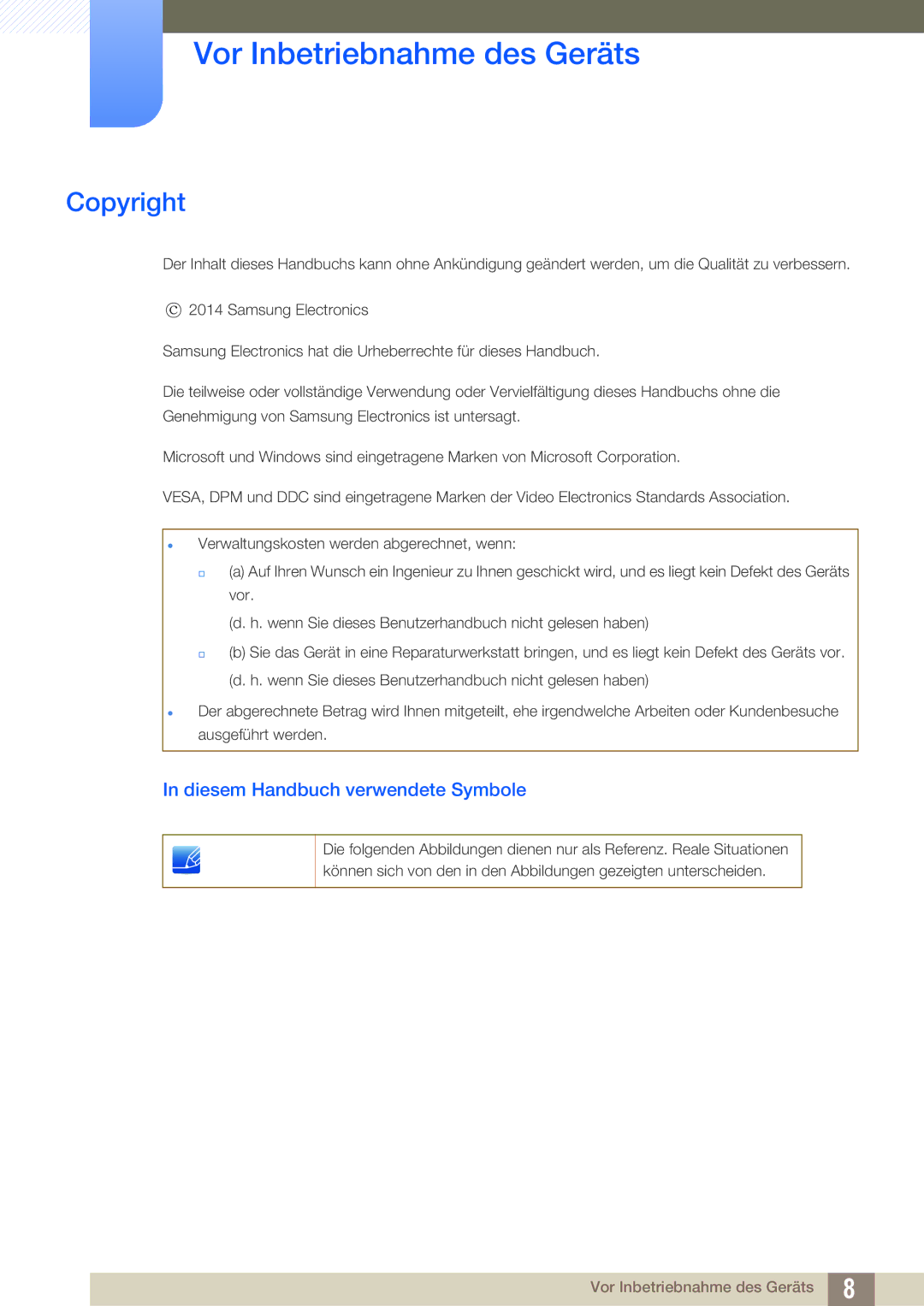 Samsung LS24D300HL/EN, LS24D340HSX/EN manual Vor Inbetriebnahme des Geräts, Copyright, Diesem Handbuch verwendete Symbole 