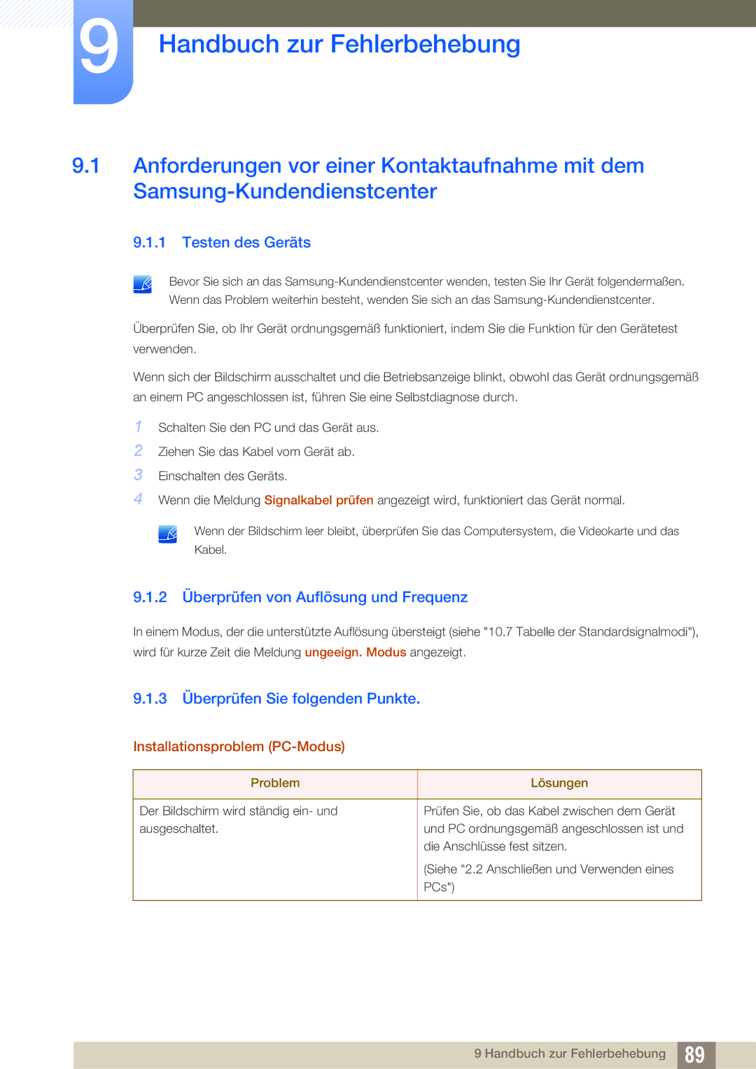 Samsung LS19D300NY/EN manual Handbuch zur Fehlerbehebung, Testen des Geräts, 2 Überprüfen von Auflösung und Frequenz 