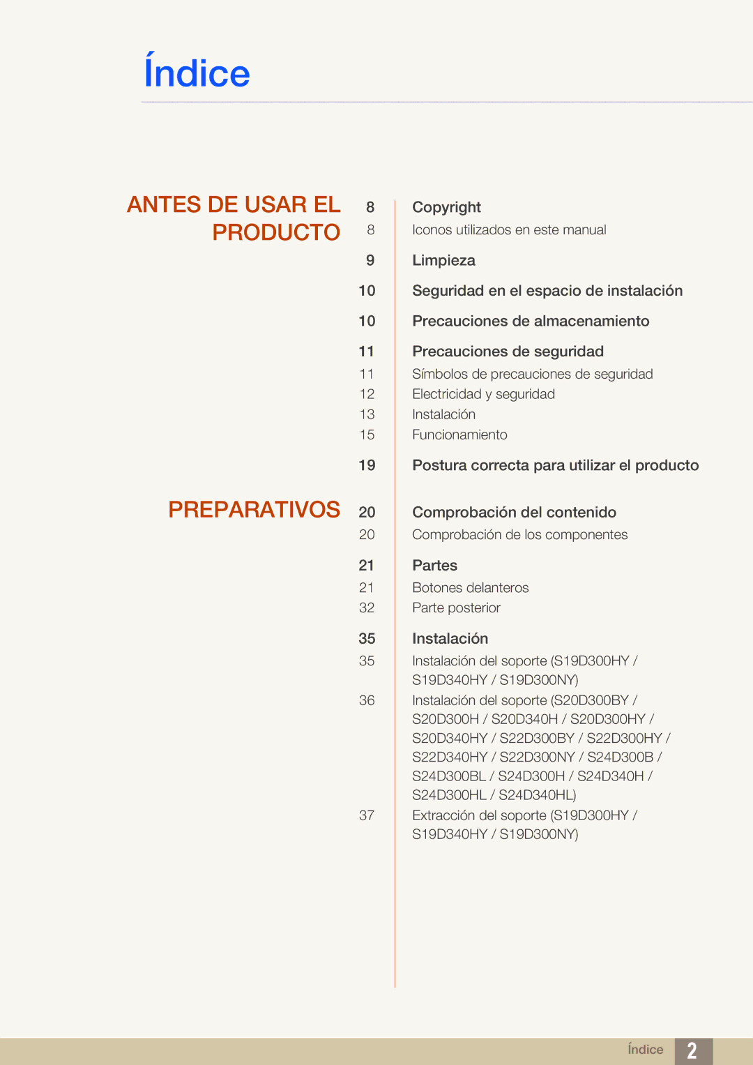 Samsung LS24D300HL/EN, LS24D340HSX/EN, LS24D300HS/EN, LS22D300HY/EN, LS22D300NY/EN, LS19D300NY/EN manual Índice 