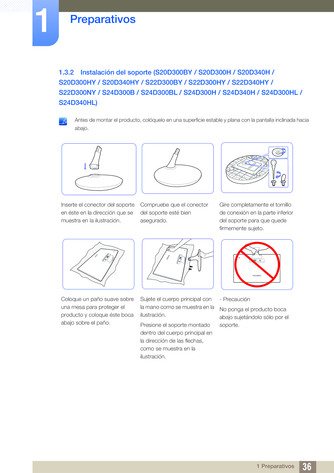 Samsung LS24D340HSX/EN, LS24D300HS/EN, LS24D300HL/EN, LS22D300HY/EN, LS22D300NY/EN, LS19D300NY/EN manual Preparativos 