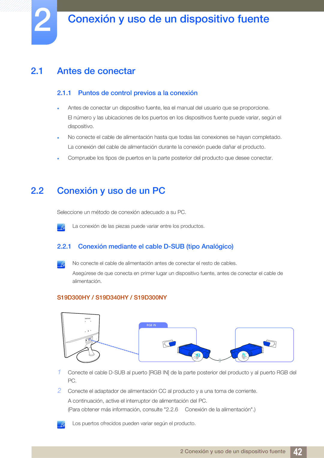 Samsung LS24D340HSX/EN, LS24D300HS/EN Conexión y uso de un dispositivo fuente, Antes de conectar, Conexión y uso de un PC 