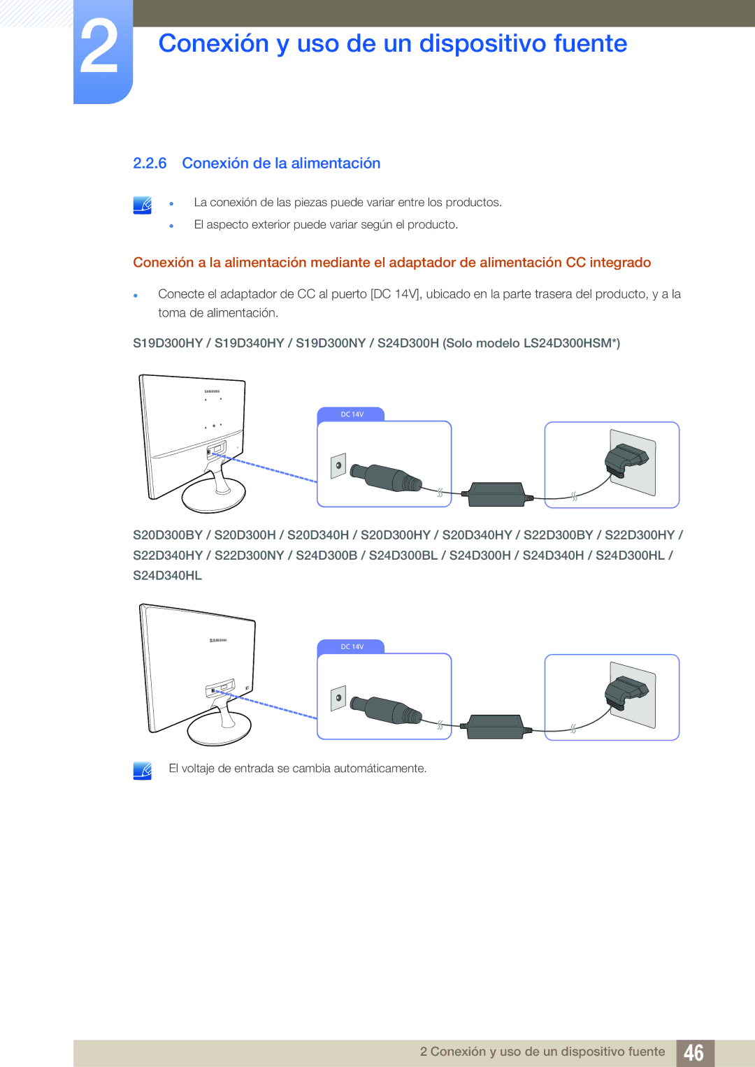 Samsung LS22D300NY/EN, LS24D340HSX/EN, LS24D300HS/EN, LS24D300HL/EN, LS22D300HY/EN, LS19D300NY/EN Conexión de la alimentación 