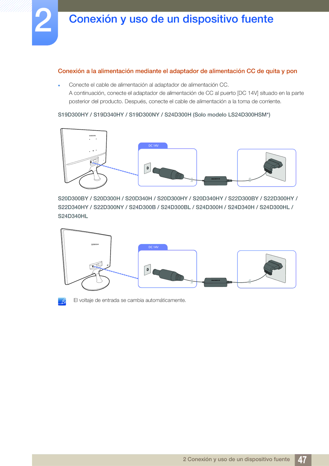 Samsung LS19D300NY/EN, LS24D340HSX/EN, LS24D300HS/EN, LS24D300HL/EN, LS22D300HY/EN Conexión y uso de un dispositivo fuente 