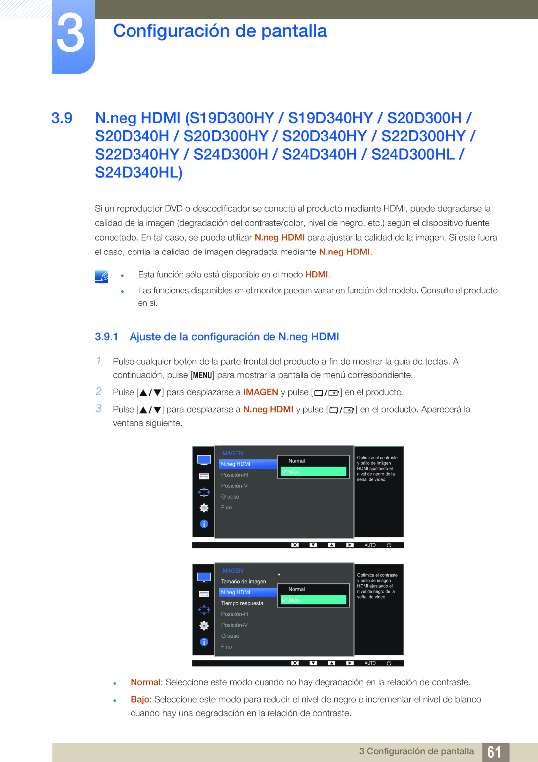 Samsung LS24D300HS/EN, LS24D340HSX/EN, LS24D300HL/EN, LS22D300HY/EN Ajuste de la configuración de N.neg Hdmi, Normal Bajo 