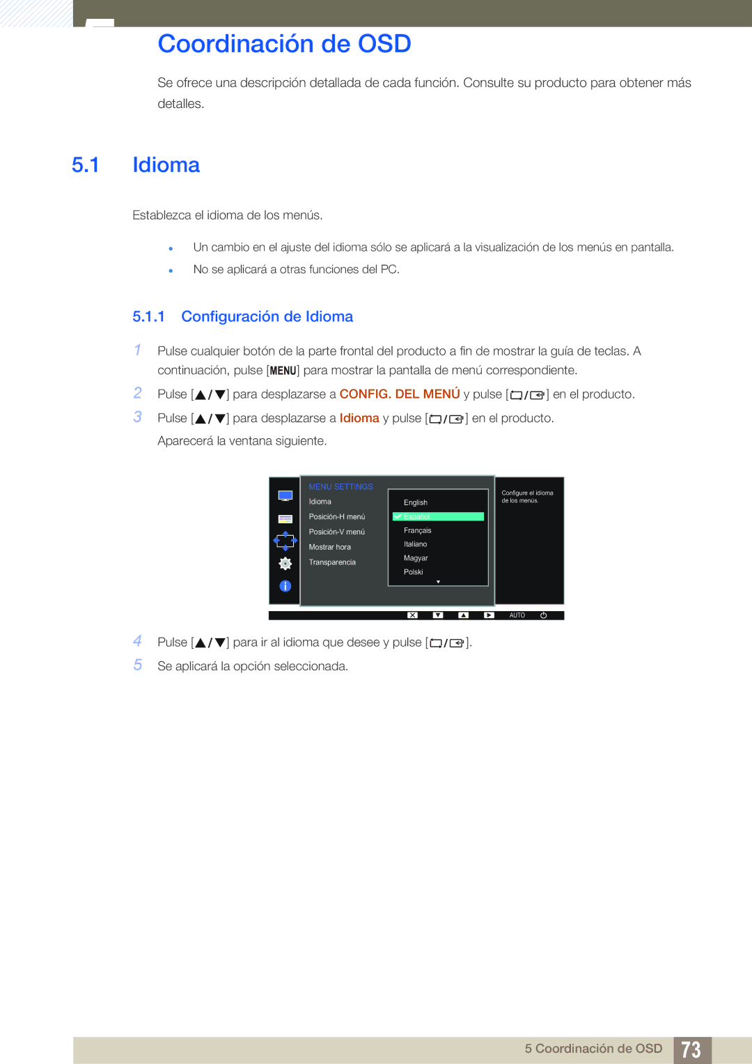 Samsung LS24D300HS/EN, LS24D340HSX/EN, LS24D300HL/EN, LS22D300HY/EN manual Coordinación de OSD, Configuración de Idioma 