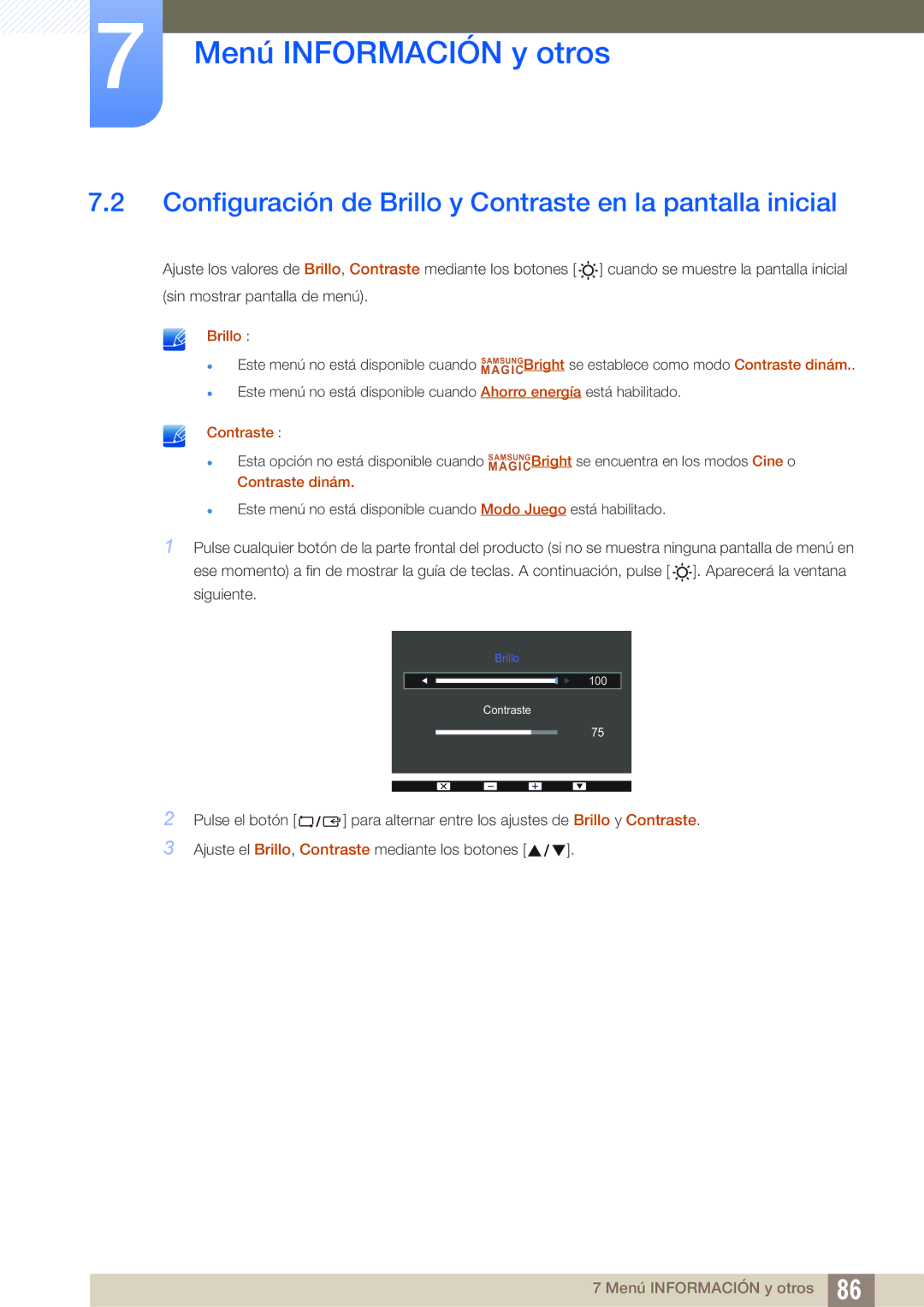 Samsung LS24D300HL/EN, LS24D340HSX/EN, LS24D300HS/EN manual Configuración de Brillo y Contraste en la pantalla inicial 