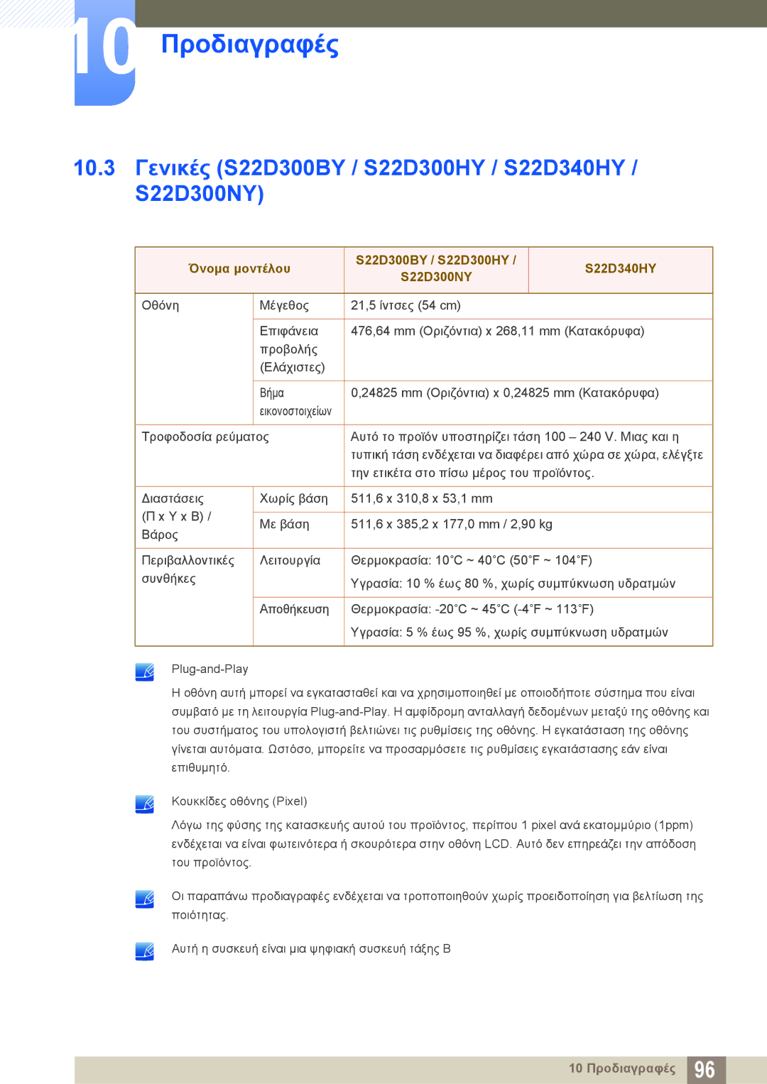 Samsung LS24D340HSX/EN, LS24D300HS/EN, LS24D300HL/EN manual 10.3 Γενικές S22D300BY / S22D300HY / S22D340HY / S22D300NY 