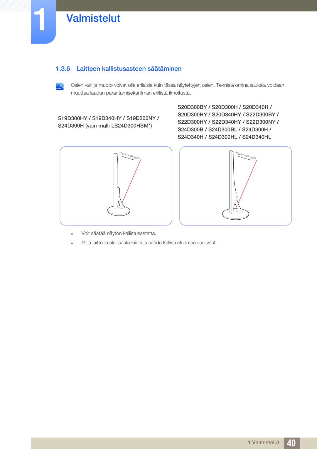 Samsung LS24D300HS/EN, LS24D340HSX/EN, LS24D300HLR/EN manual Laitteen kallistusasteen säätäminen 