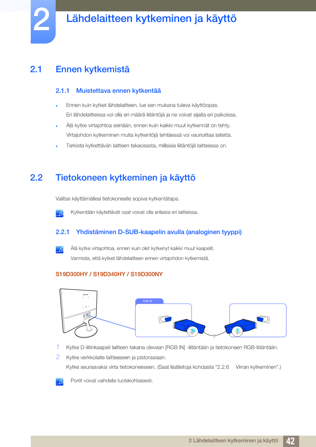 Samsung LS24D340HSX/EN manual Lähdelaitteen kytkeminen ja käyttö, Ennen kytkemistä, Tietokoneen kytkeminen ja käyttö 