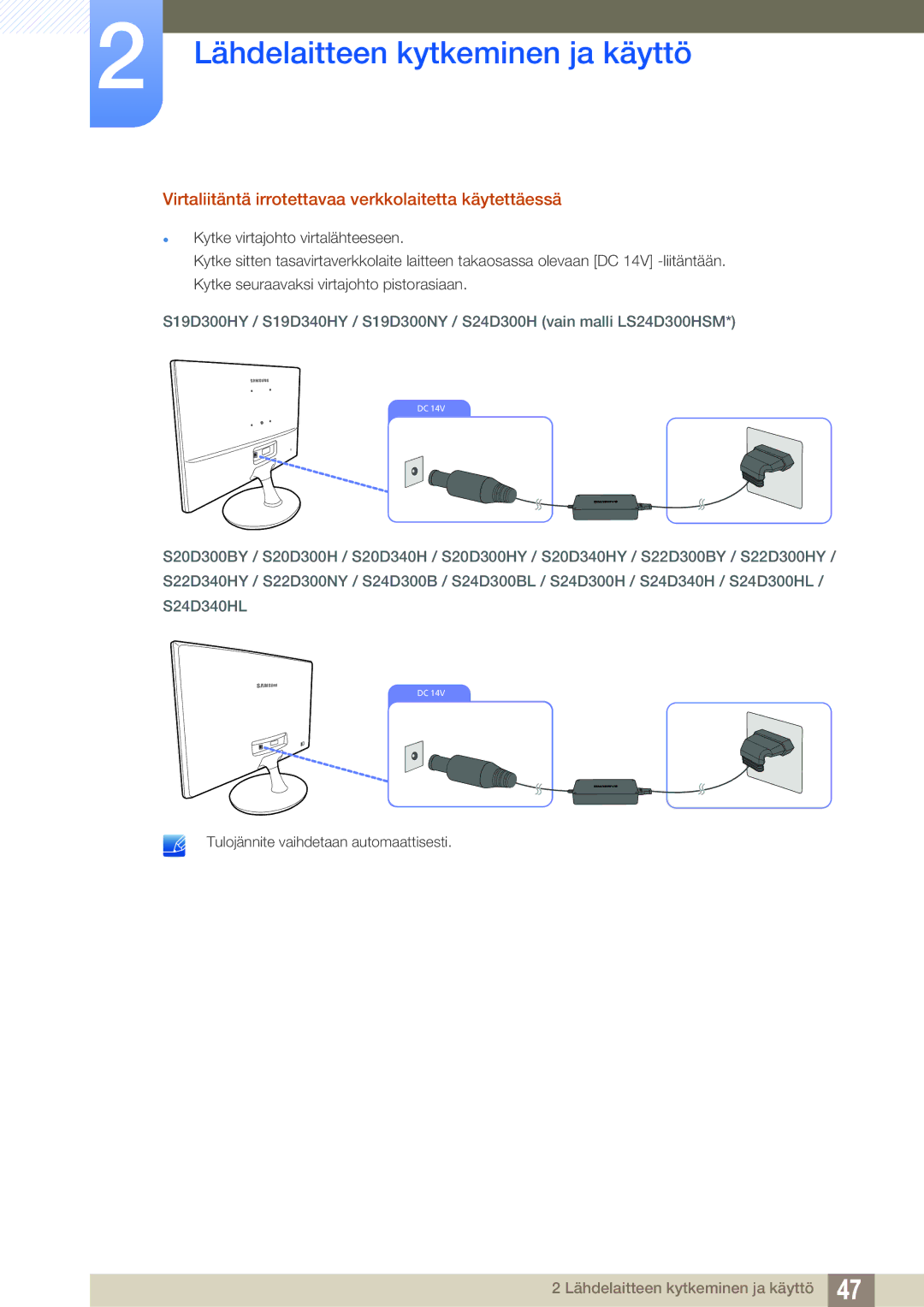 Samsung LS24D300HLR/EN, LS24D340HSX/EN, LS24D300HS/EN manual Virtaliitäntä irrotettavaa verkkolaitetta käytettäessä 