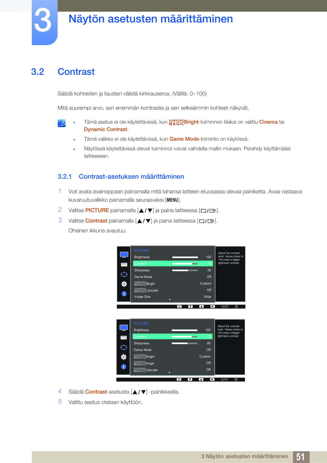 Samsung LS24D340HSX/EN, LS24D300HS/EN, LS24D300HLR/EN manual Contrast-asetuksen määrittäminen 