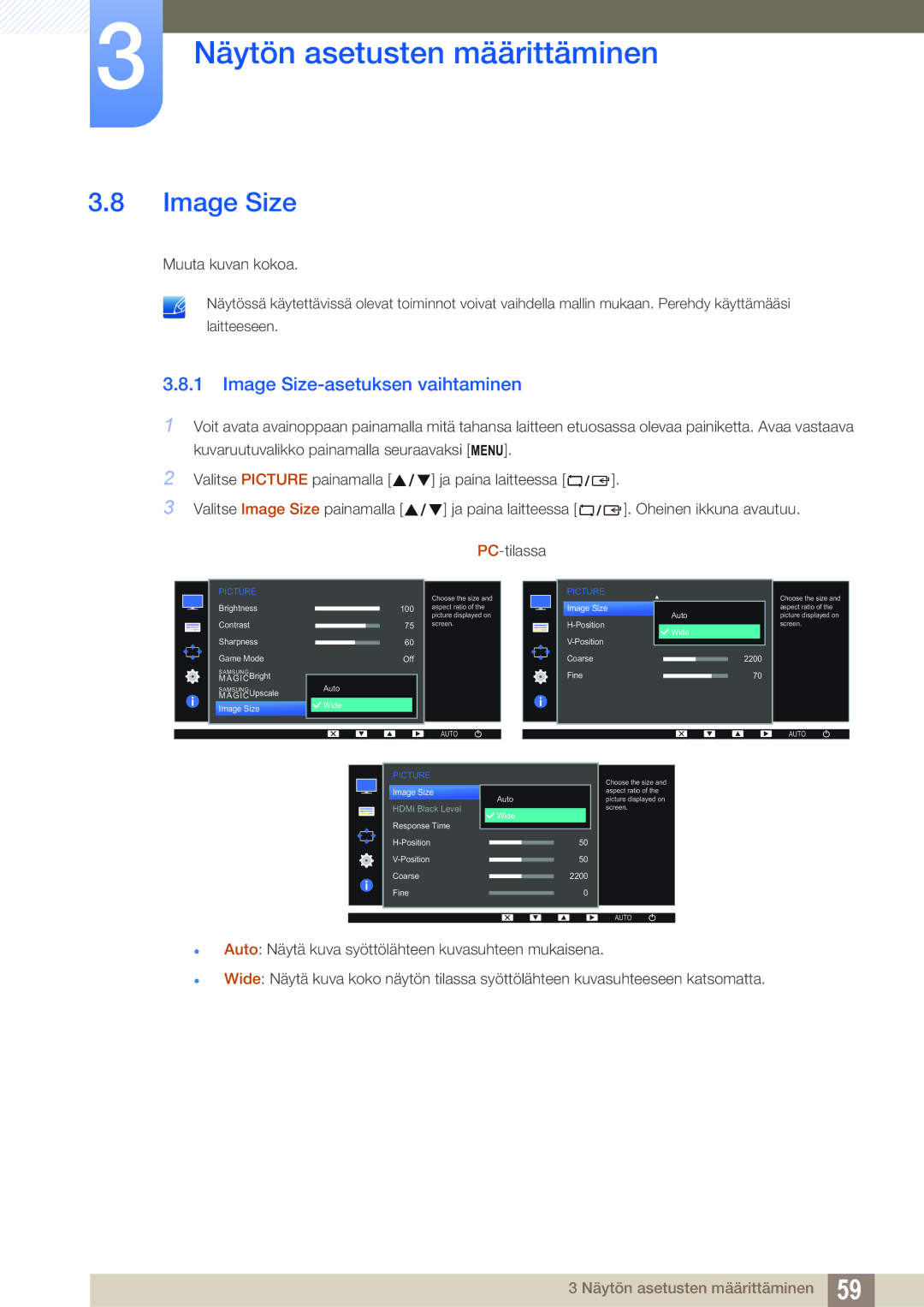 Samsung LS24D300HLR/EN, LS24D340HSX/EN, LS24D300HS/EN manual Image Size-asetuksen vaihtaminen 