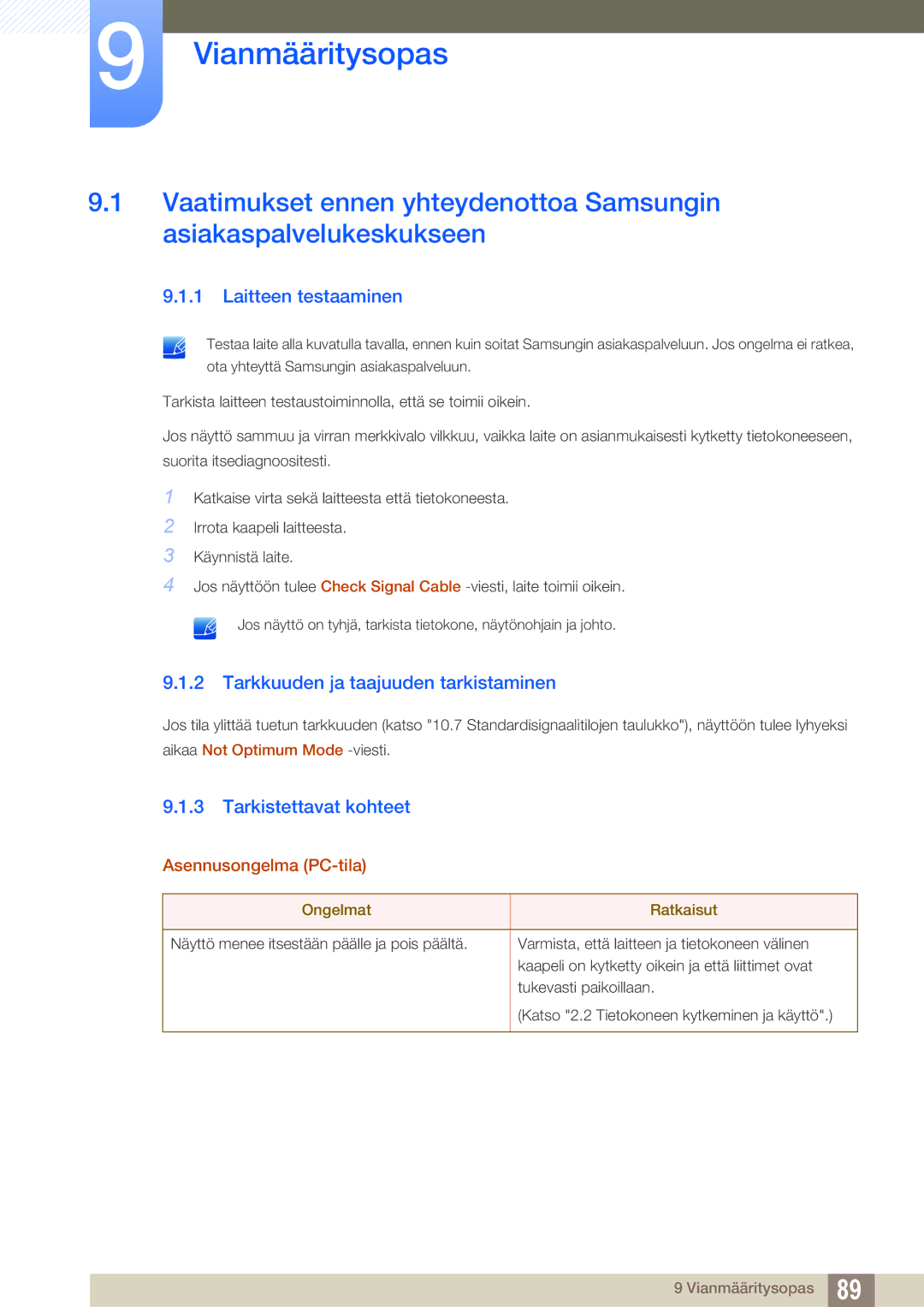 Samsung LS24D300HLR/EN, LS24D340HSX/EN manual Vianmääritysopas, Laitteen testaaminen, Tarkkuuden ja taajuuden tarkistaminen 