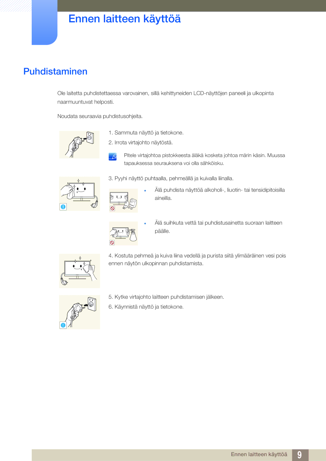 Samsung LS24D340HSX/EN, LS24D300HS/EN, LS24D300HLR/EN manual Puhdistaminen 