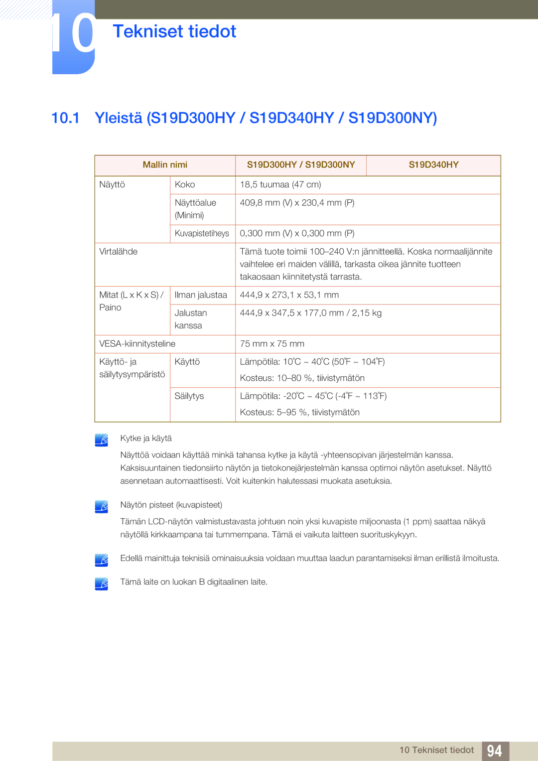 Samsung LS24D300HS/EN, LS24D340HSX/EN, LS24D300HLR/EN manual Tekniset tiedot, Yleistä S19D300HY / S19D340HY / S19D300NY 