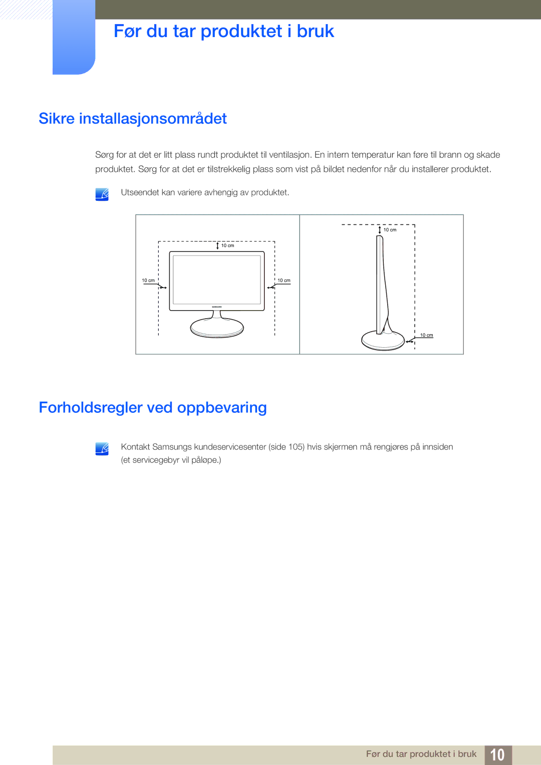 Samsung LS24D300HS/EN, LS24D340HSX/EN, LS24D300HLR/EN manual Sikre installasjonsområdet, Forholdsregler ved oppbevaring 