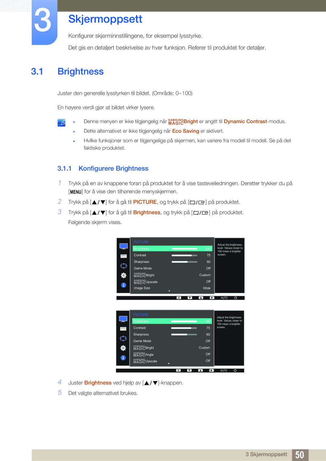 Samsung LS24D300HLR/EN, LS24D340HSX/EN, LS24D300HS/EN manual Skjermoppsett, Konfigurere Brightness 