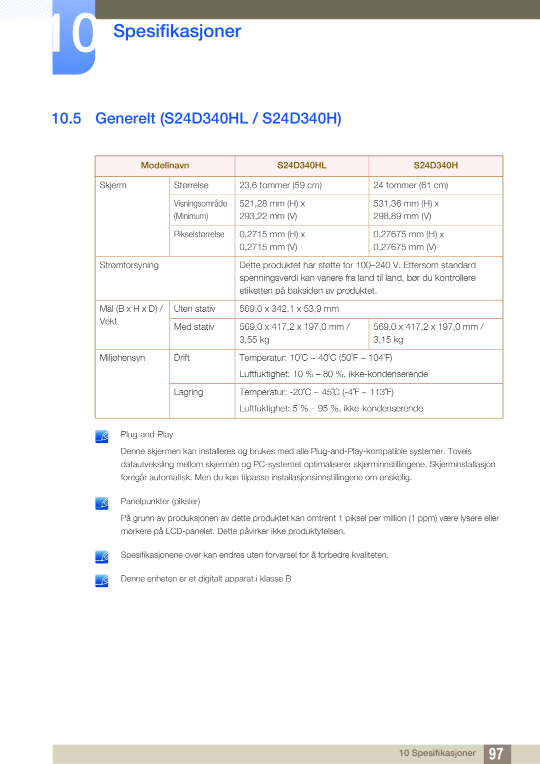 Samsung LS24D300HS/EN, LS24D340HSX/EN, LS24D300HLR/EN manual Generelt S24D340HL / S24D340H, Modellnavn S24D340HL 