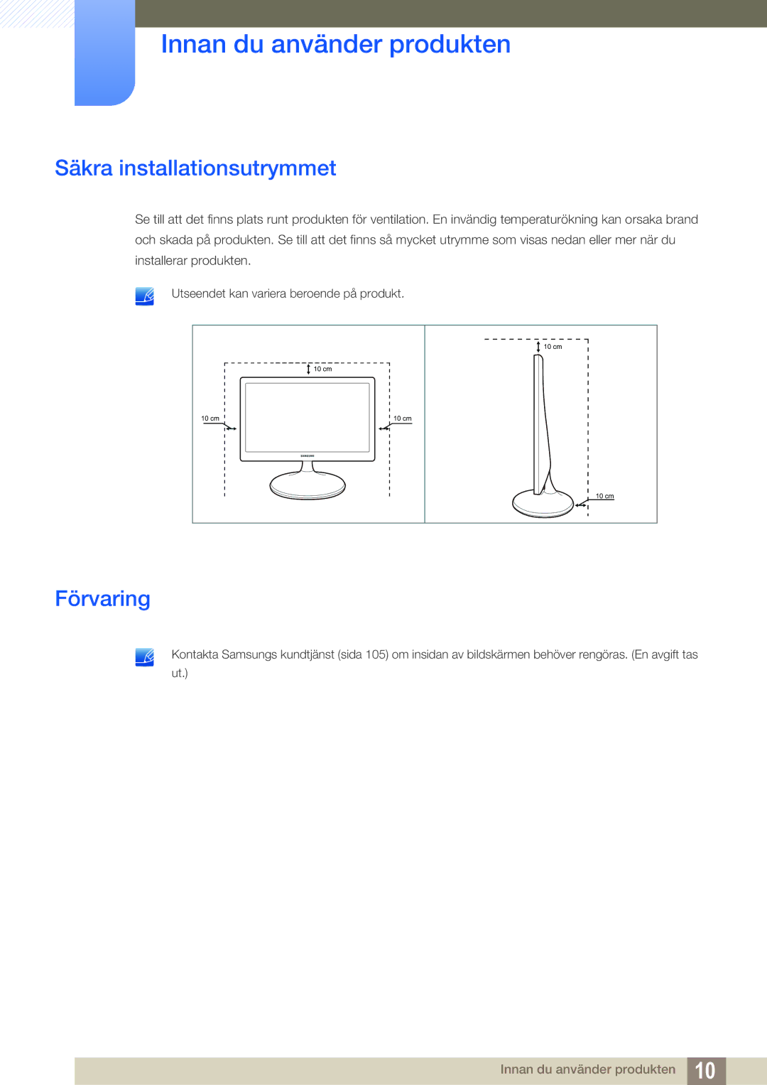 Samsung LS24D300HS/EN, LS24D340HSX/EN, LS24D300HLR/EN manual Säkra installationsutrymmet, Förvaring 