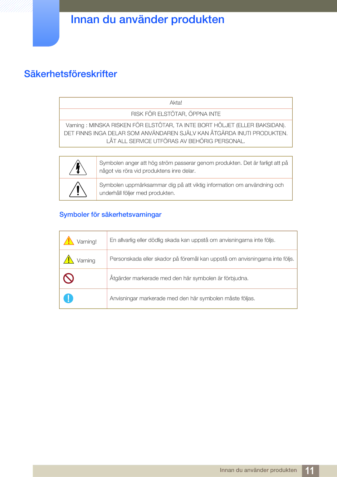 Samsung LS24D300HLR/EN, LS24D340HSX/EN, LS24D300HS/EN manual Säkerhetsföreskrifter, Symboler för säkerhetsvarningar 