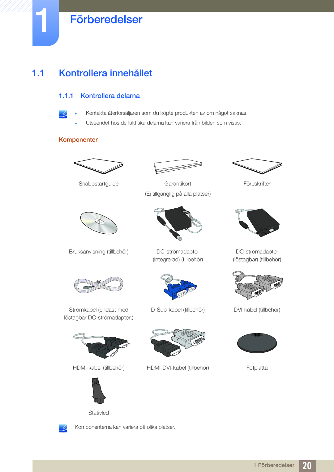 Samsung LS24D300HLR/EN, LS24D340HSX/EN manual Förberedelser, Kontrollera innehållet, Kontrollera delarna, Komponenter 